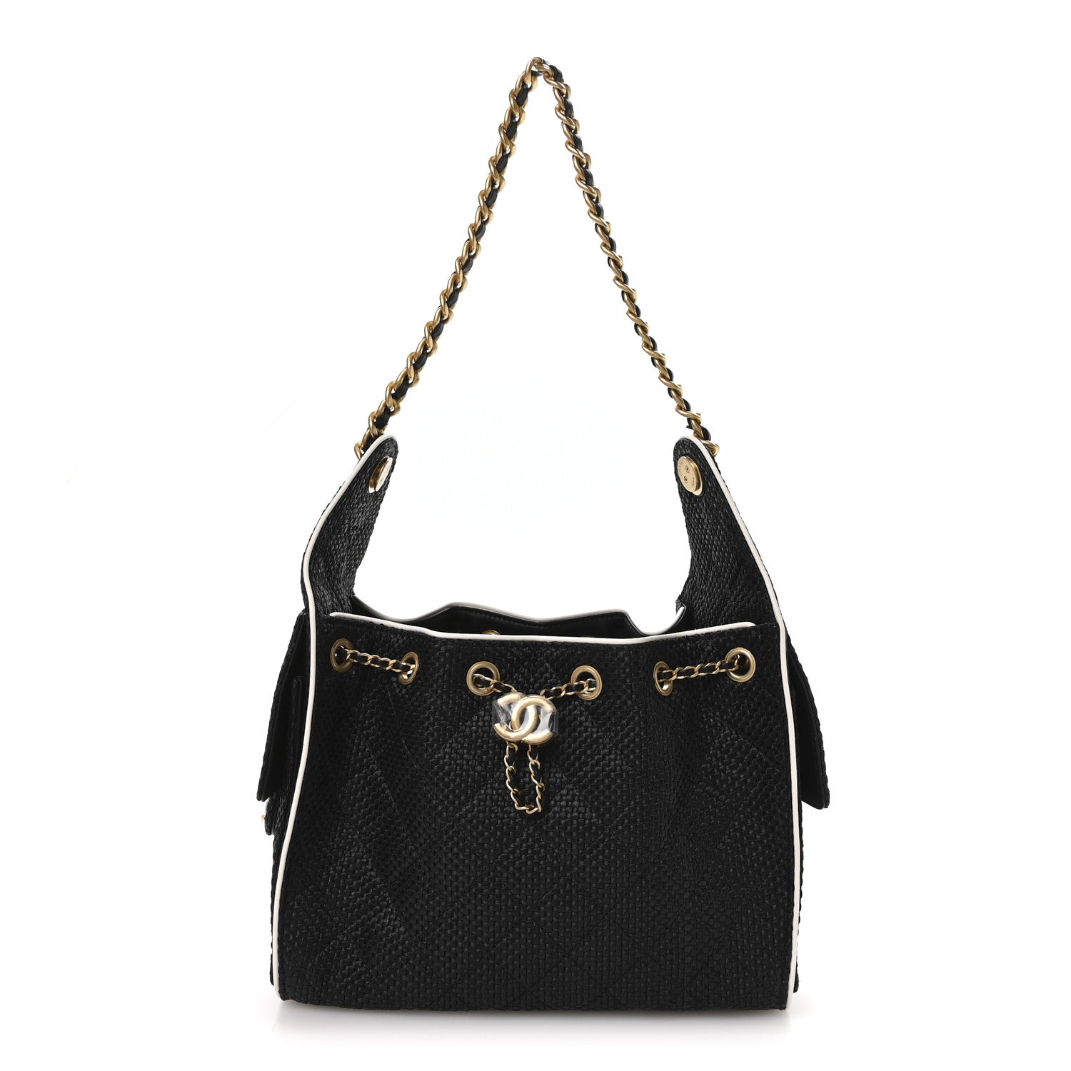 Chanel Braided Raffia Calfskin Small Chanel 25 Handbag Black White