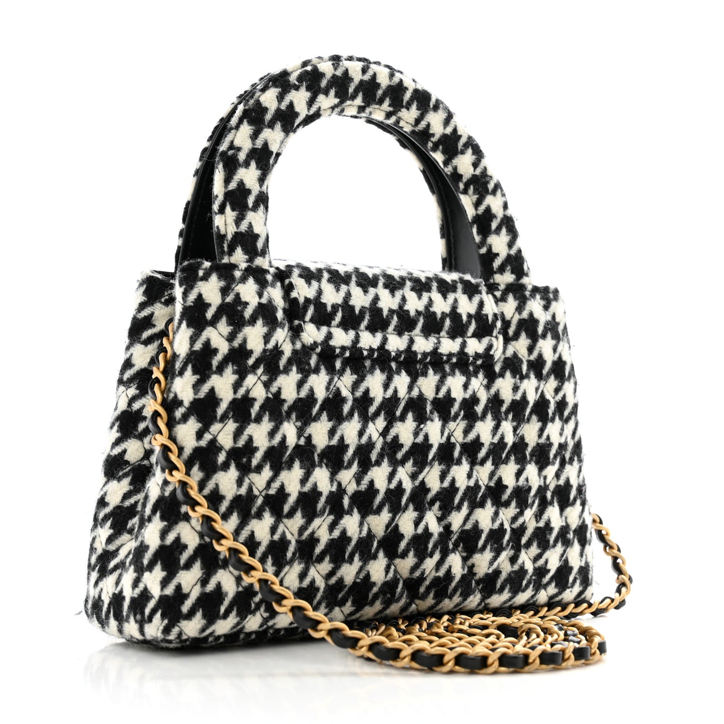 Tweed Houndstooth Quilted Nano Kelly Shopper Black White