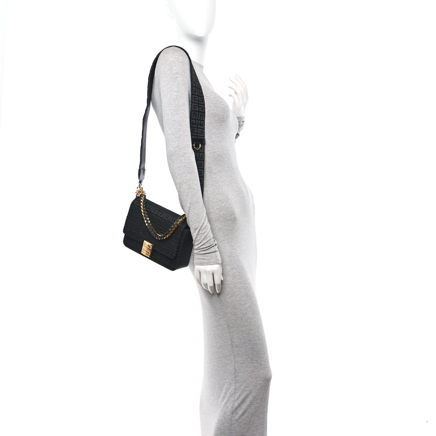 Canvas Woven Embroidered Medium 4G Bag With Chain Black