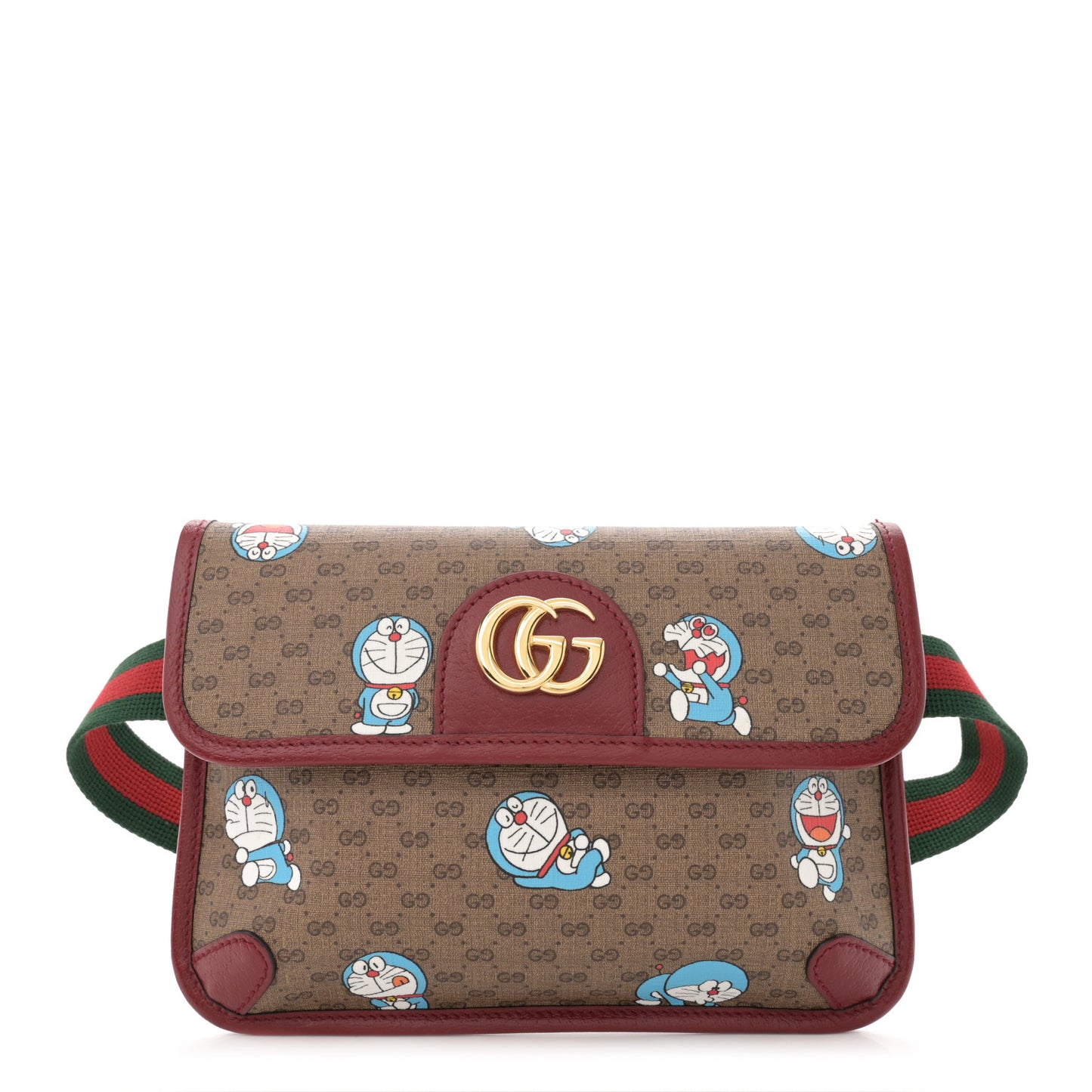 X DORAEMON Mini Vintage GG Supreme Monogram Web Slim Belt Bag Beige Cherry Red