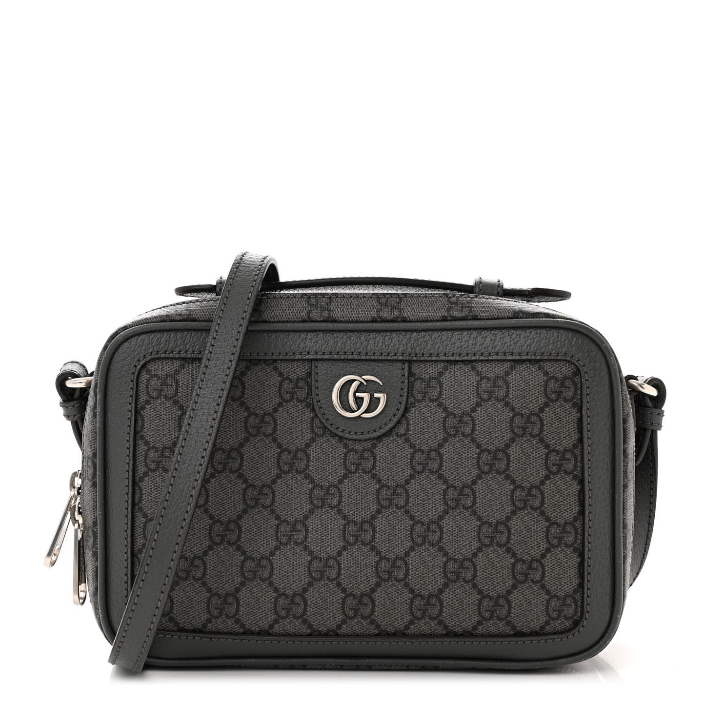 GG Supreme Monogram Textured Dollar Calfskin Small Ophidia Top Handle Shoulder Grey Black Graphite Grey