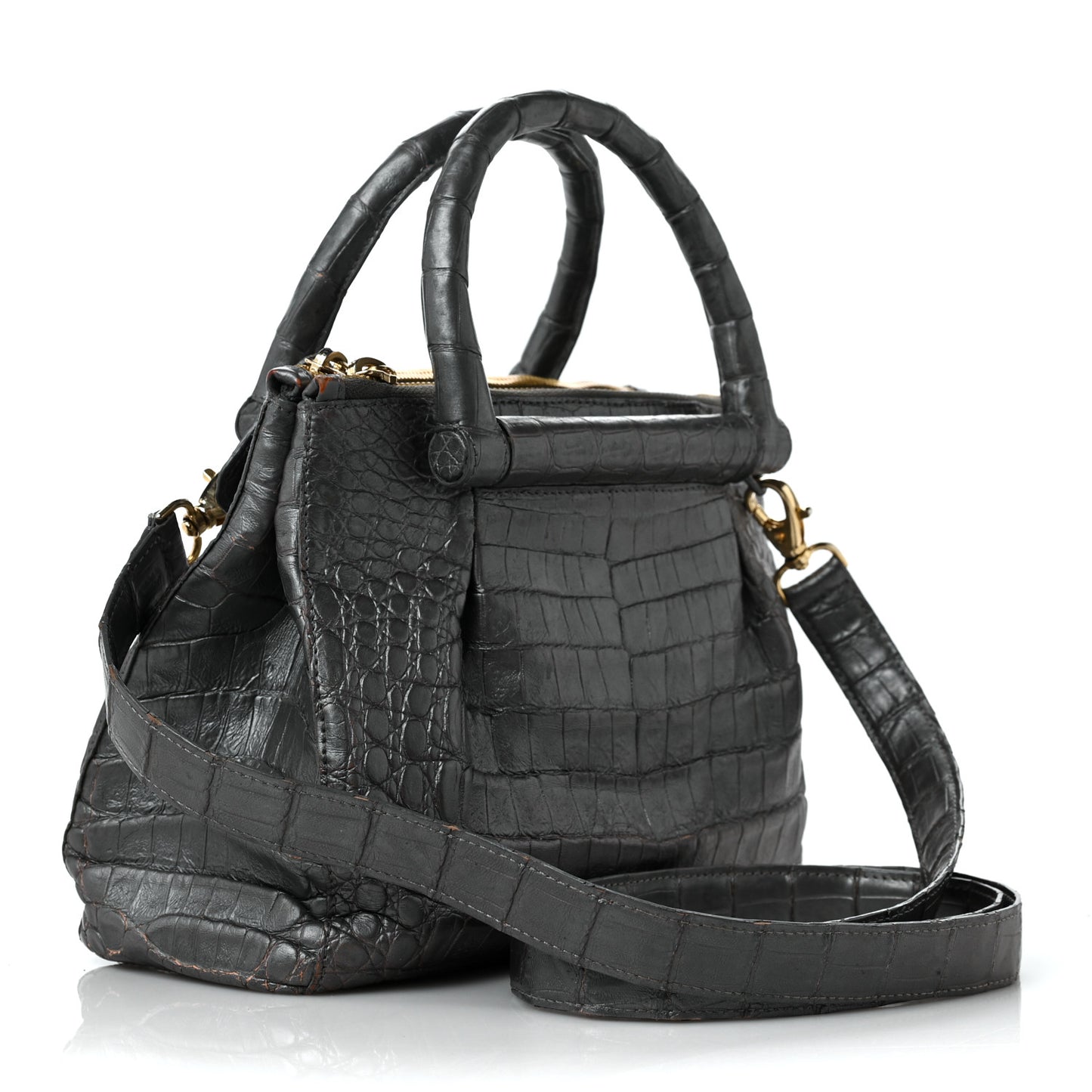 Metallic Crocodile Top Handle Shoulder Bag Anthracite