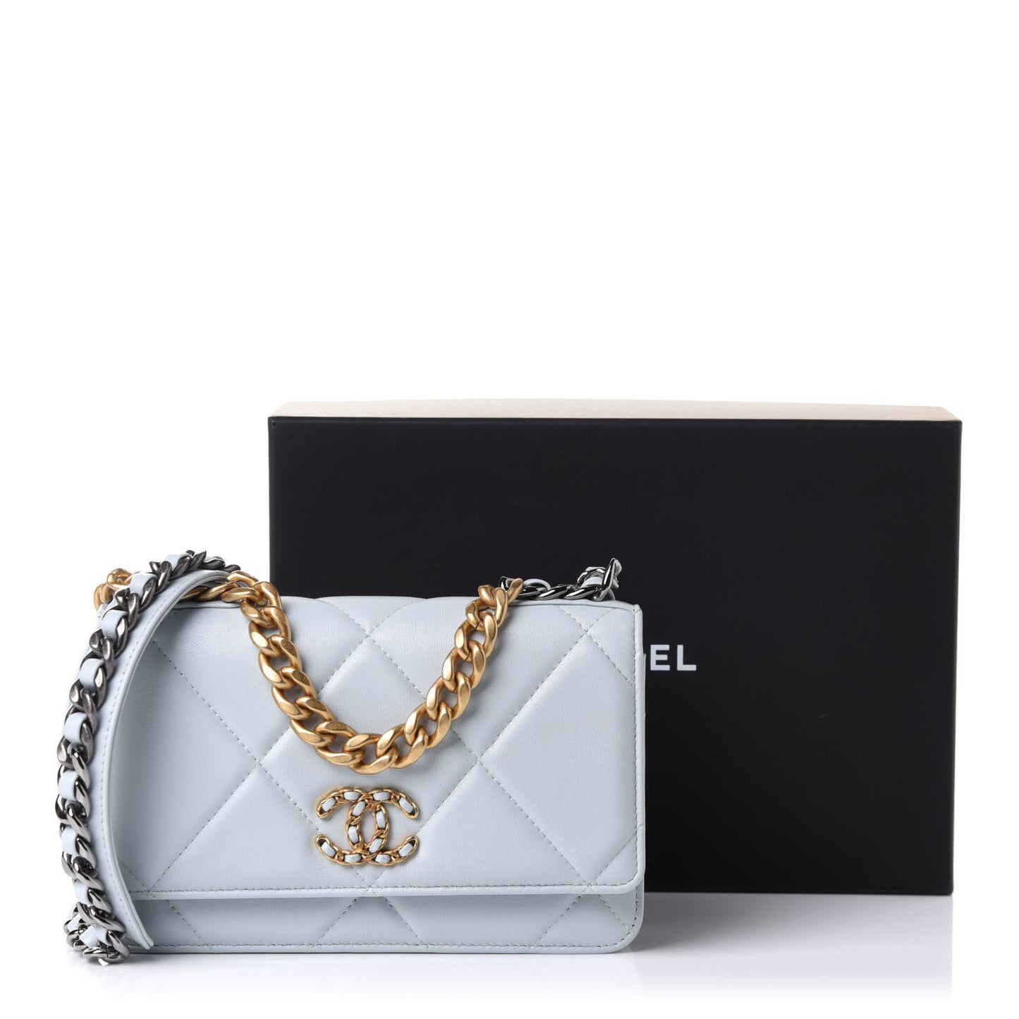 Lambskin Quilted Chanel 19 Wallet On Chain WOC Light Blue