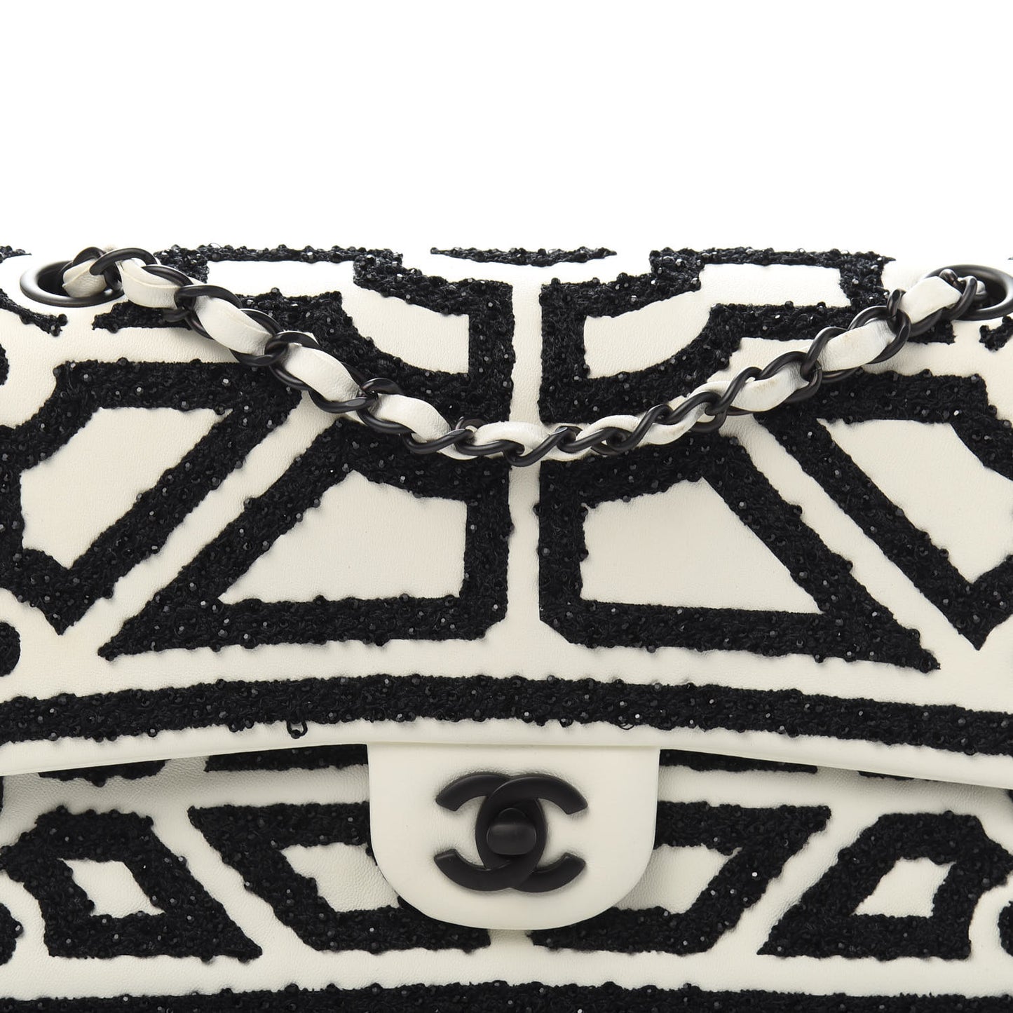 Lambskin Crystal Embroidered Medium Garden Of Versailles Double Flap Black White