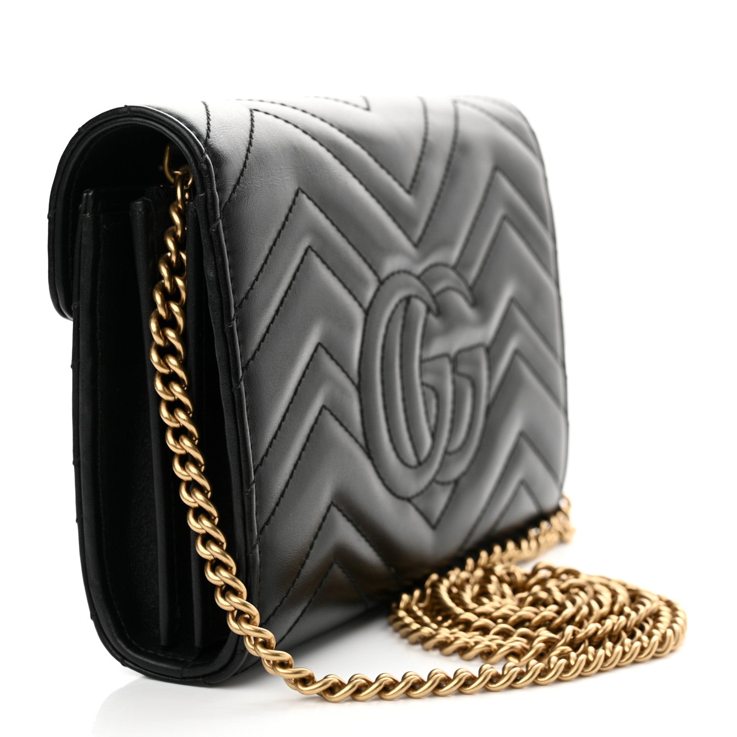 Gucci Calfskin Matelasse GG Marmont Chain Wallet Black 3 of 12