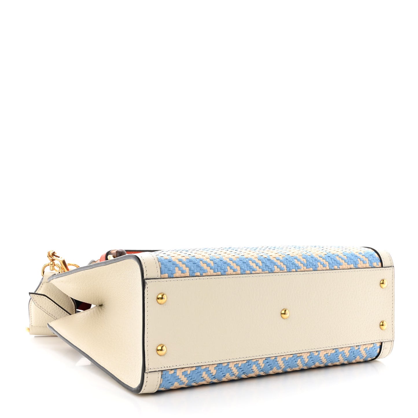 Raffia Textured Dollar Calfskin Web Houndstooth Small Diana Tote Bag Light Blue Natural Deep Orange