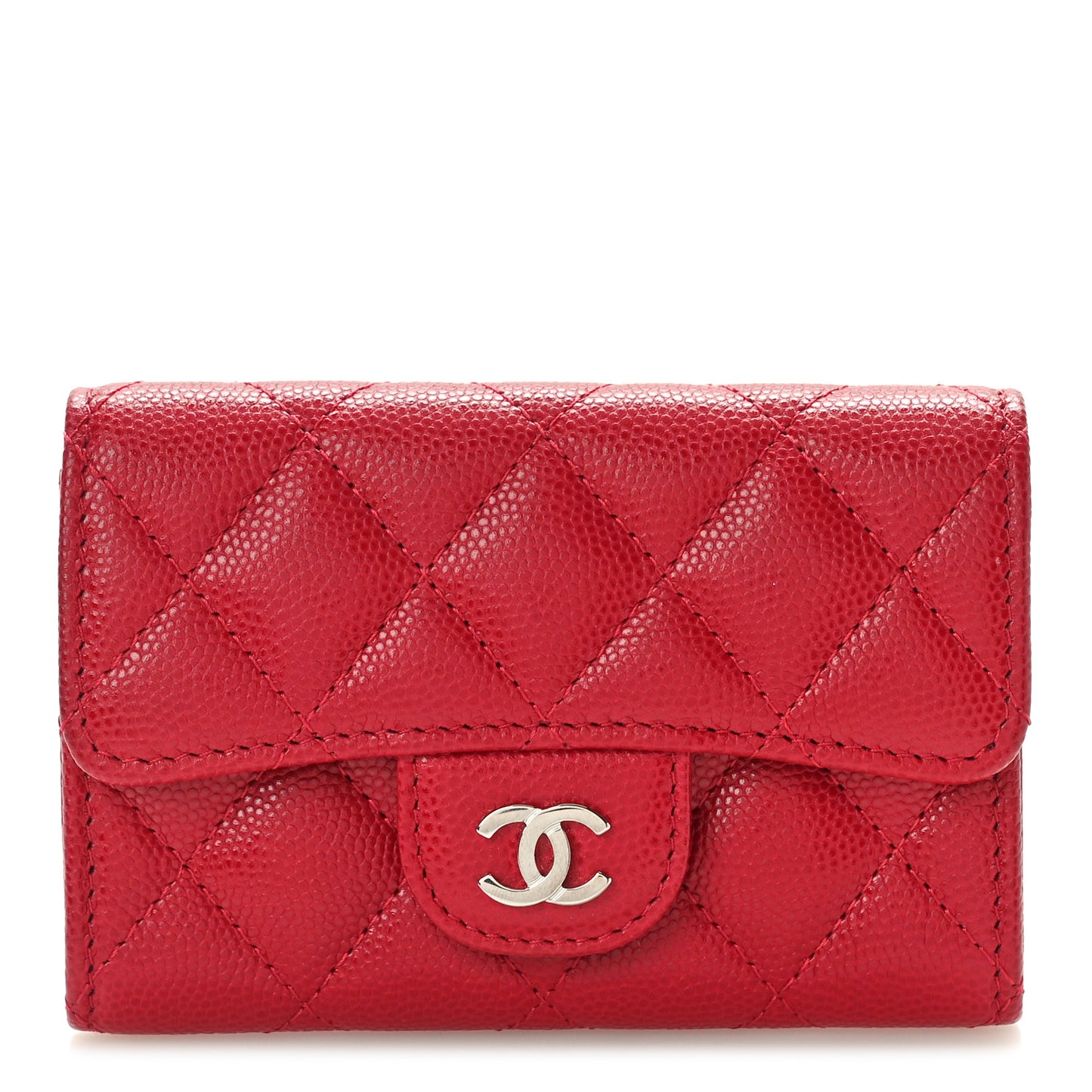 Caviar Quilted Flap Card Holder Wallet Dark Pink