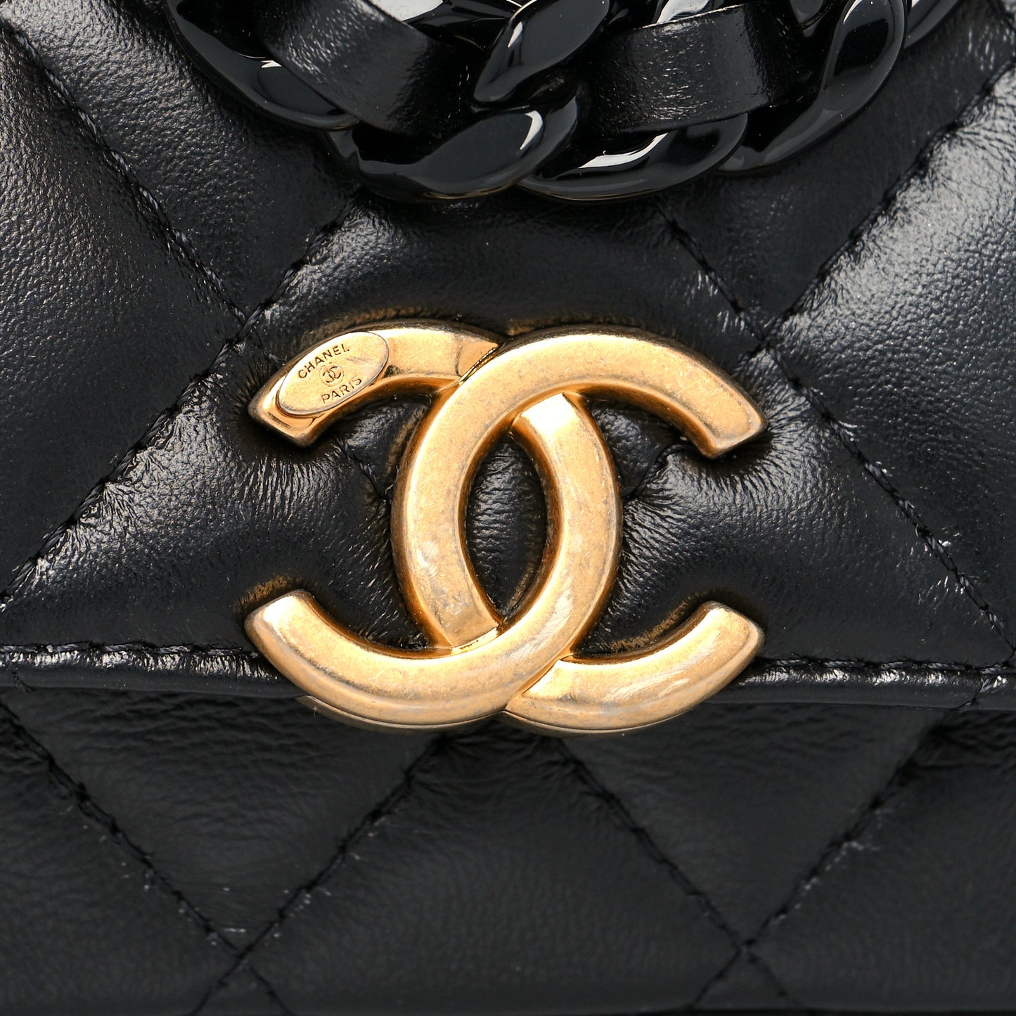 Lambskin Lacquered Metal Quilted Flap Chain Belt Bag Black