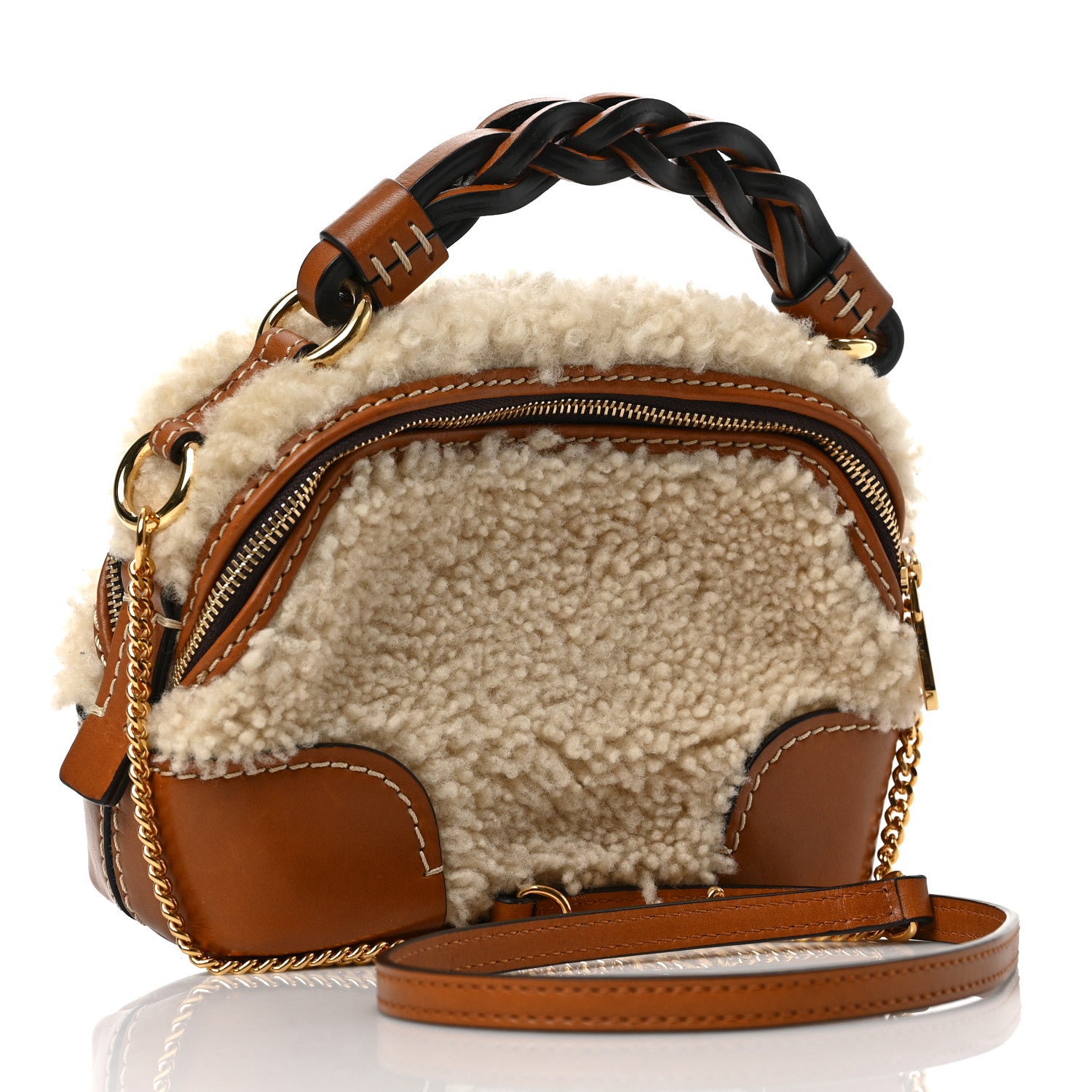Chloe Shearling Calfskin Mini Daria Chain Bag Caramel 3 of 9