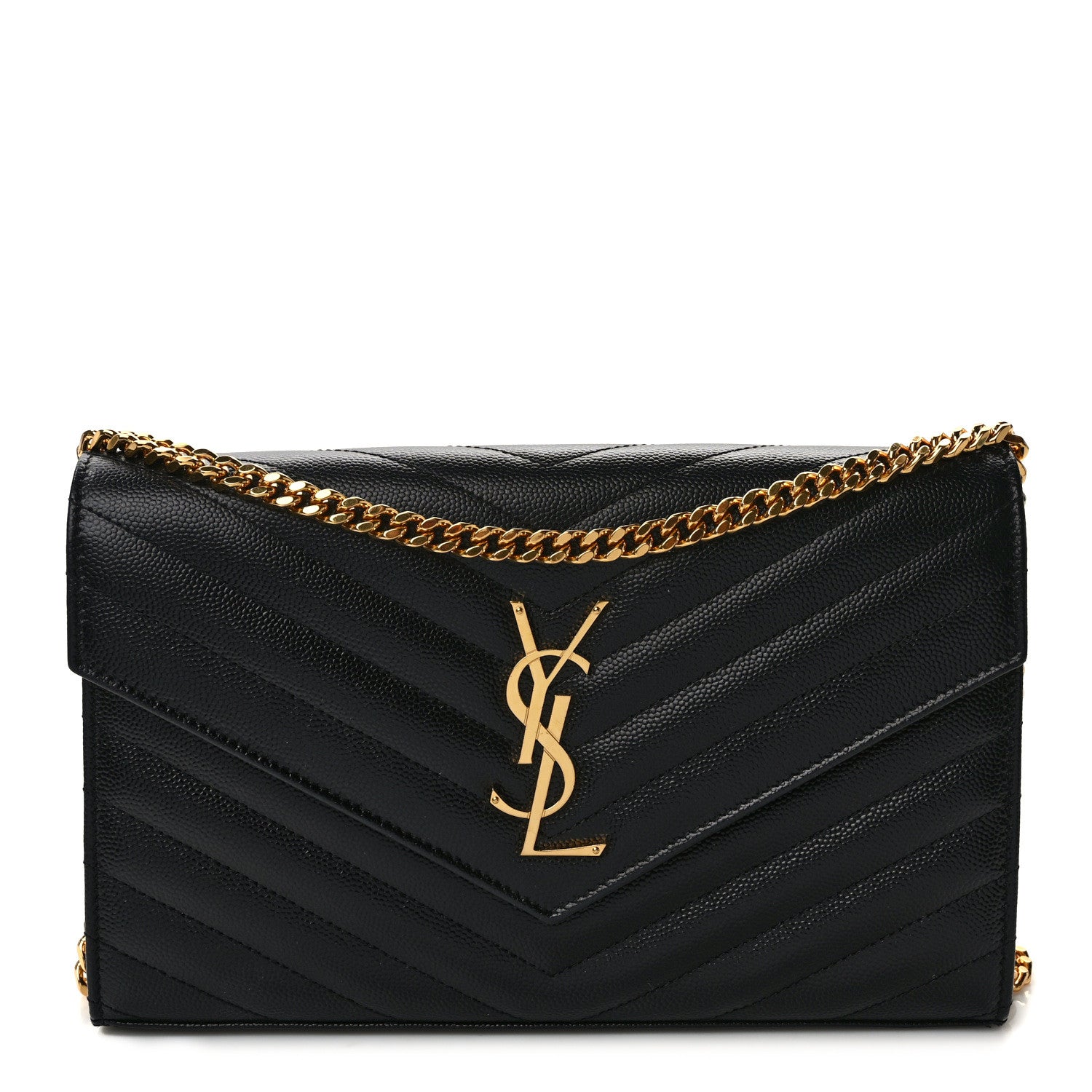 Saint Laurent Grain De Poudre Matelasse Chevron Monogram Chain Wallet Black 1 of 12