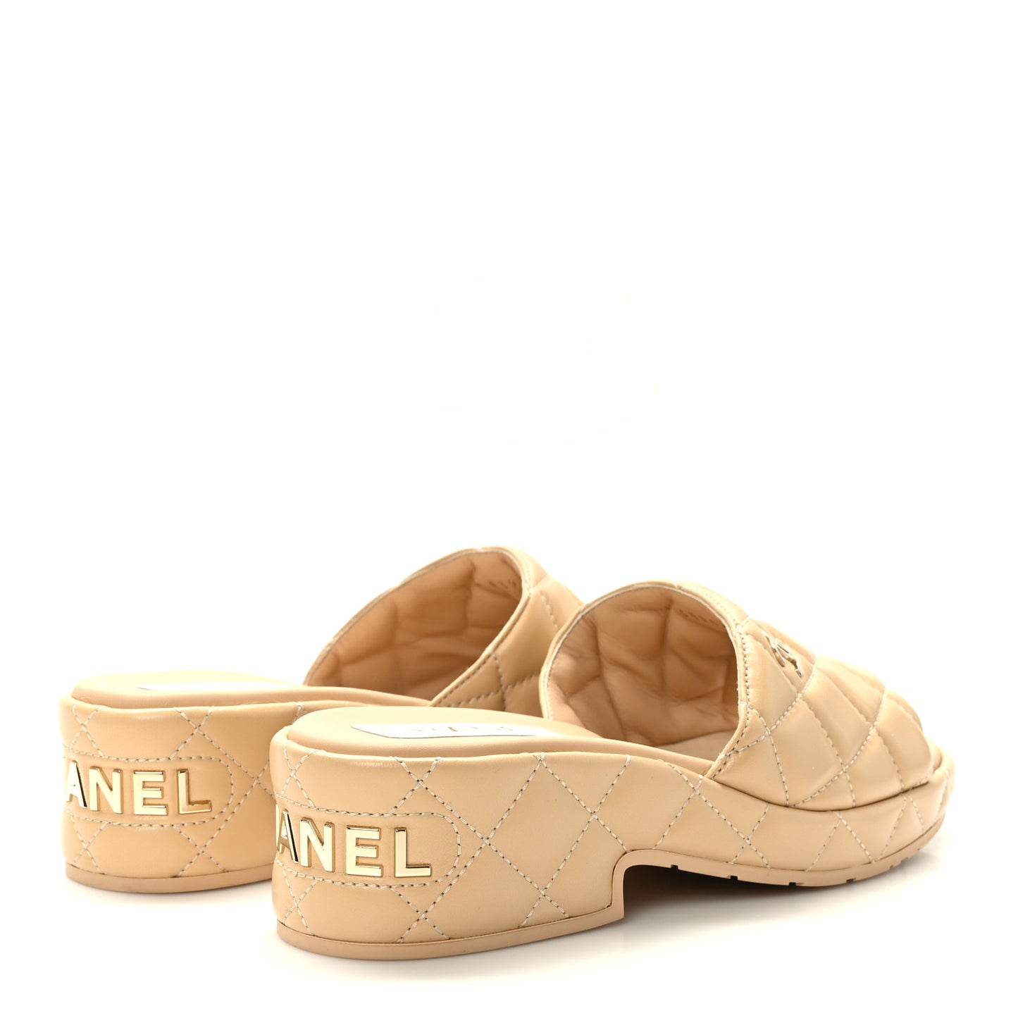 Lambskin Quilted CC Mules Wedge Sandals 39 Beige