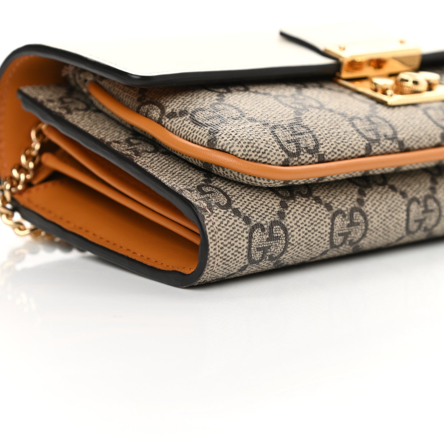 GG Supreme Monogram Calfskin Padlock Chain Wallet Beige Mystic White Sun Oil