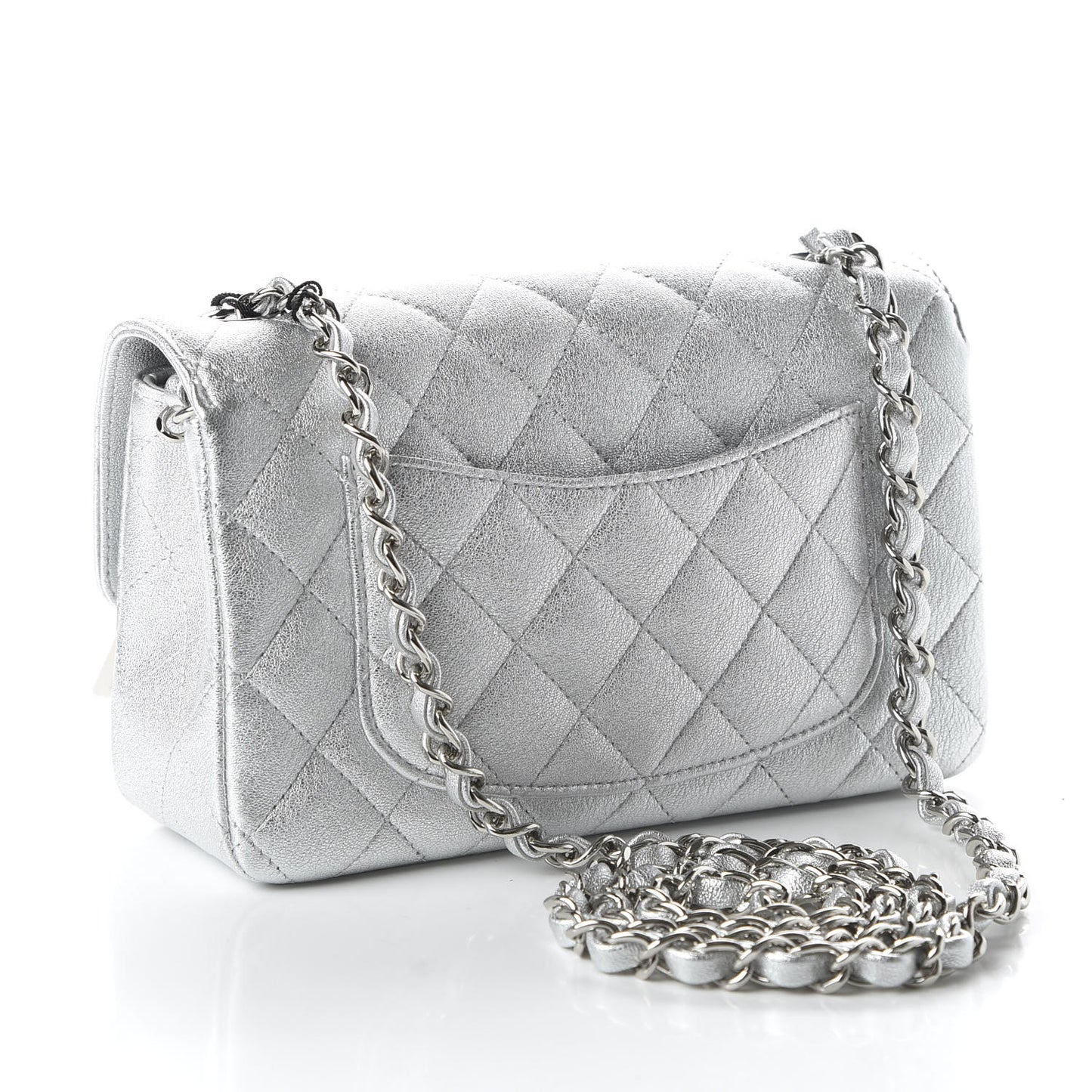 Metallic Lambskin Quilted Mini Rectangular Flap Silver