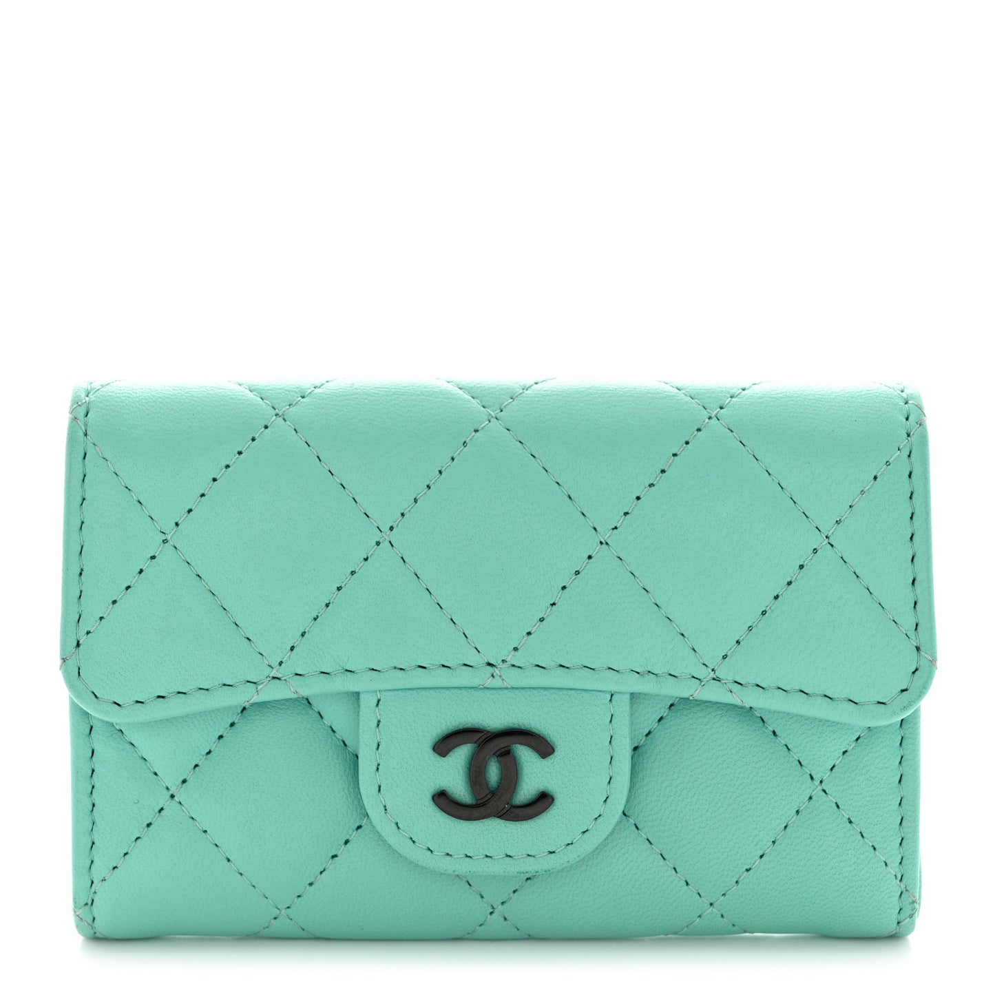 Lambskin Quilted Flap Card Holder Wallet Turquoise