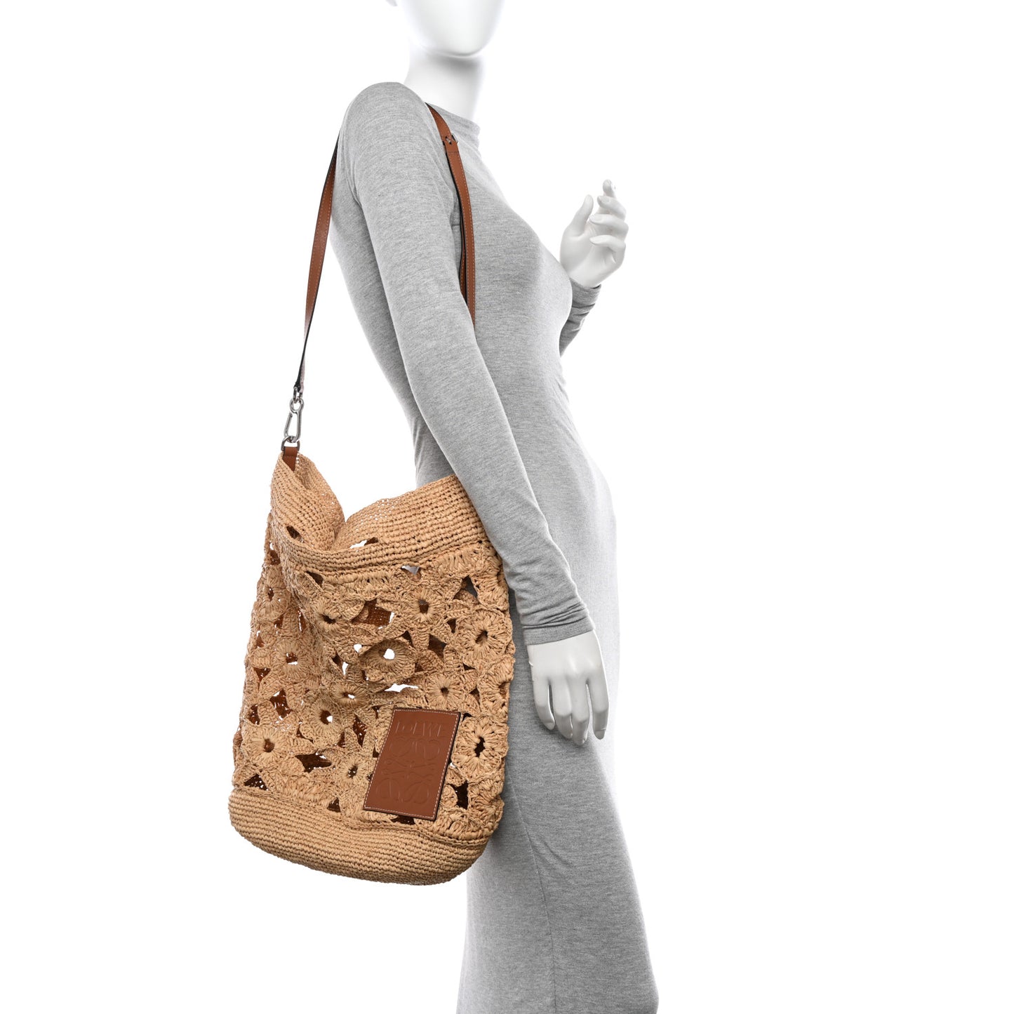 Raffia Crochet Slit Tote Bag Natural Tan