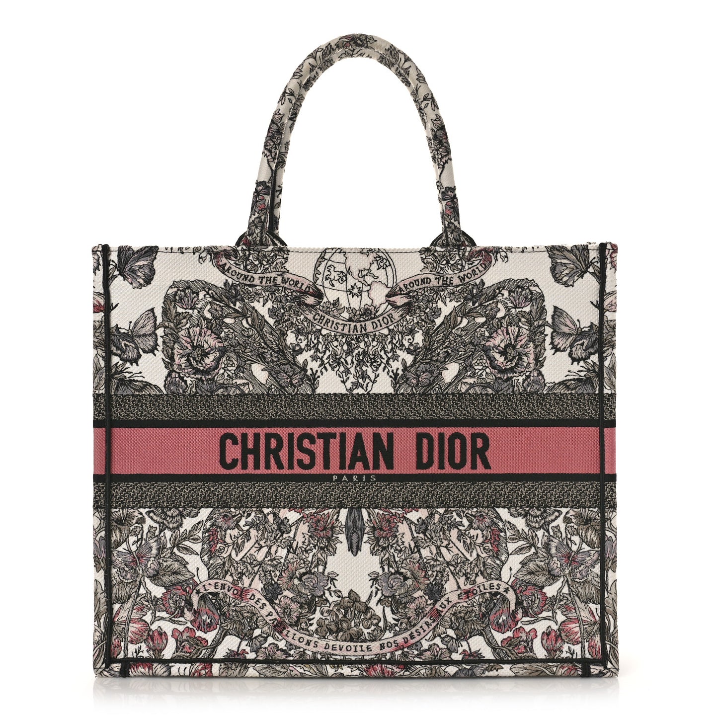 Canvas Embroidered Large Butterfly Around The World Book Tote White Pastel Pink