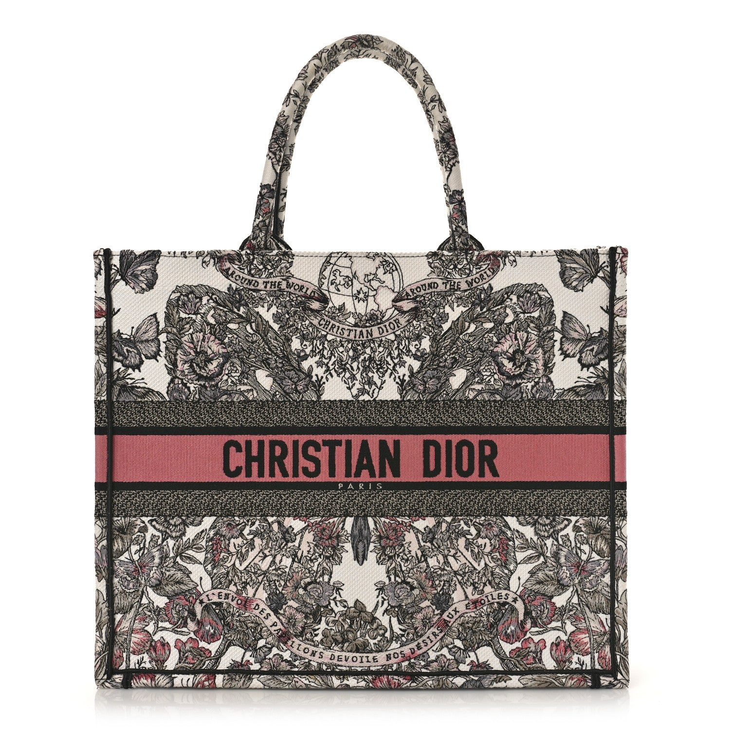 Christian Dior Canvas Embroidered Large Butterfly Around The World Book Tote White Pastel Pink 1 of 8