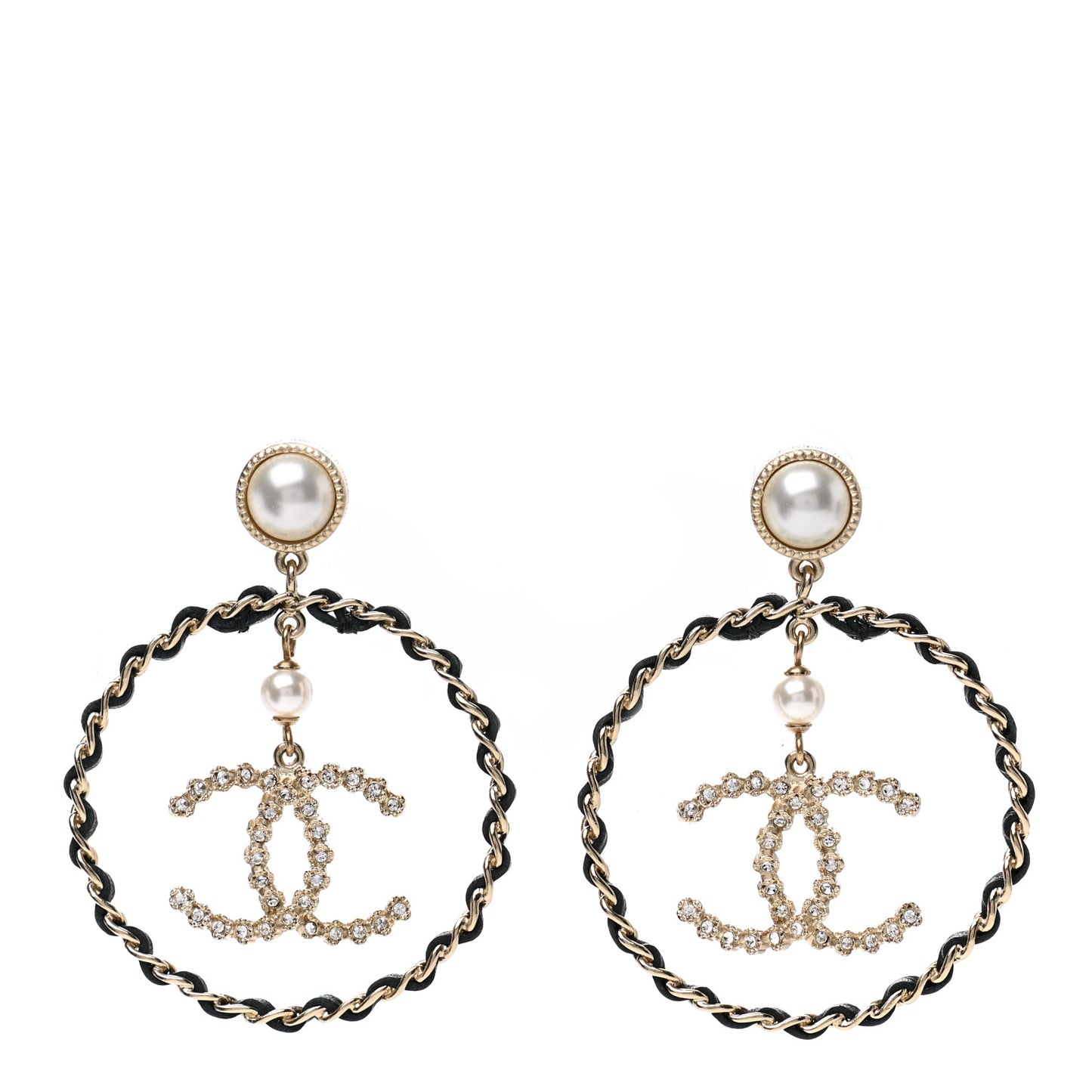 Lambskin Crystal Pearl CC Chain Hoop Earrings Gold Black