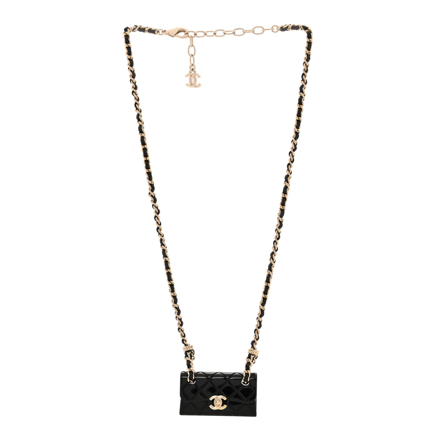 Metal Resin Calfskin Quilted CC Turnlock Chain Bag Necklace Gold Black