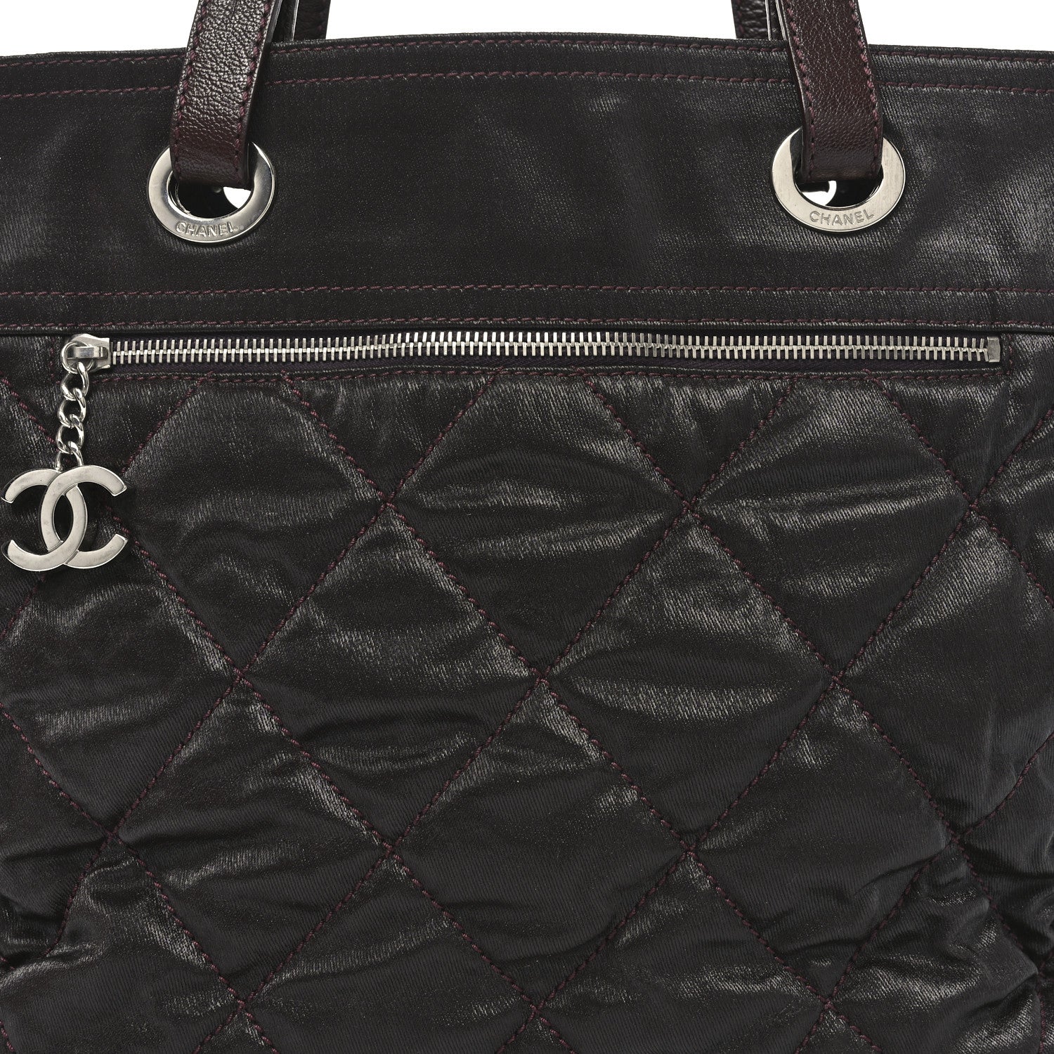 Chanel Metallic Coated Canvas Quilted Large Paris Biarritz Tote Dark Brown 8 of 10
