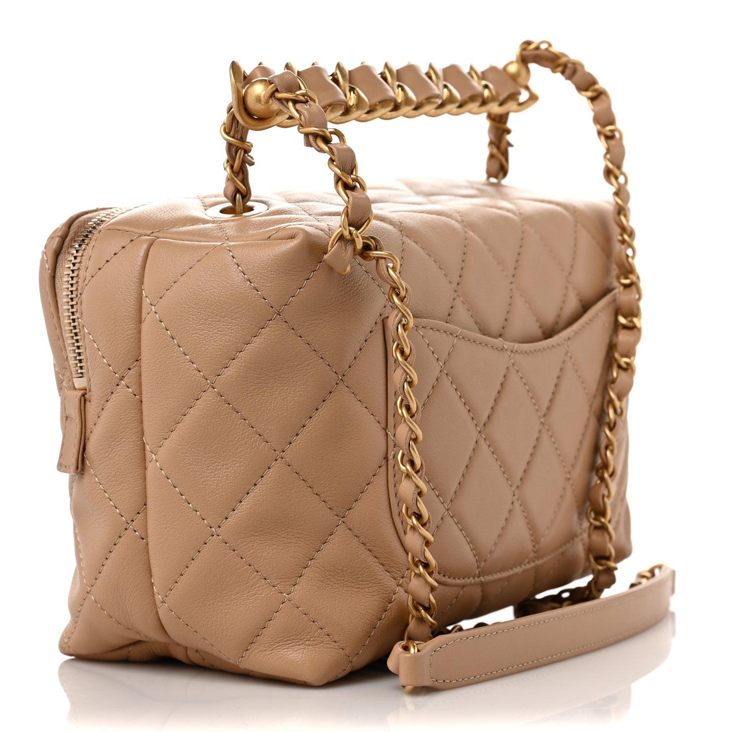 Calfskin Quilted Small Bowling Bag Beige