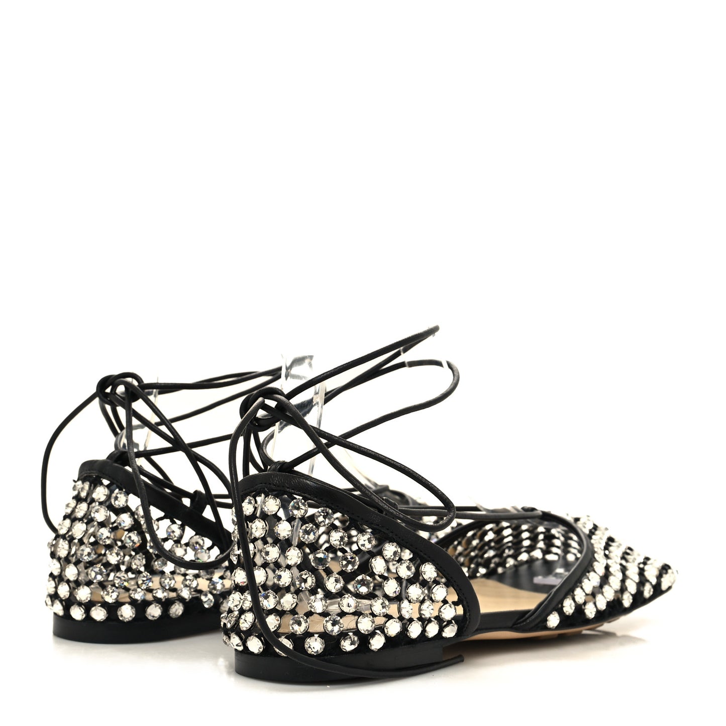 Mesh Nappa Crystal Embellished Sparkle Stretch Ankle Tie Flats 37 Black