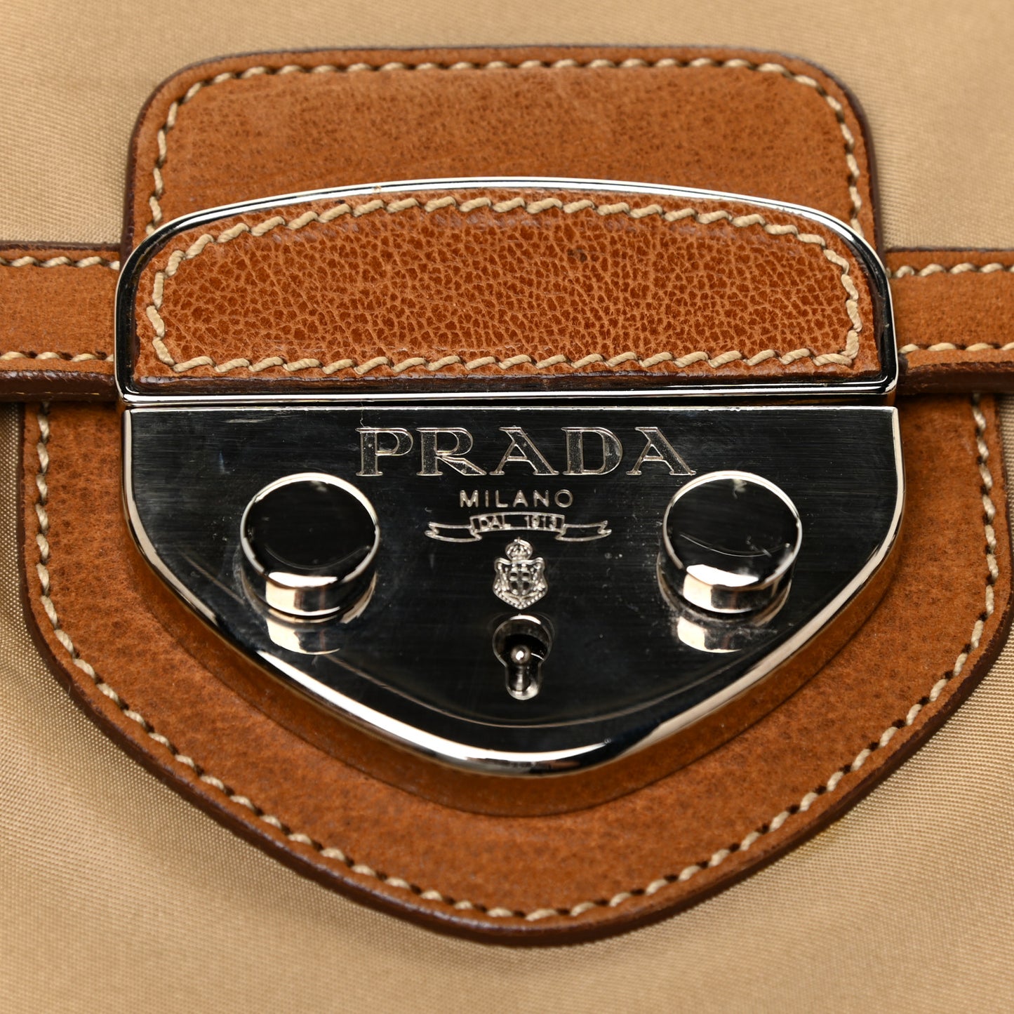 Tessuto Nylon Vitello Foldover Pushlock Satchel Beige