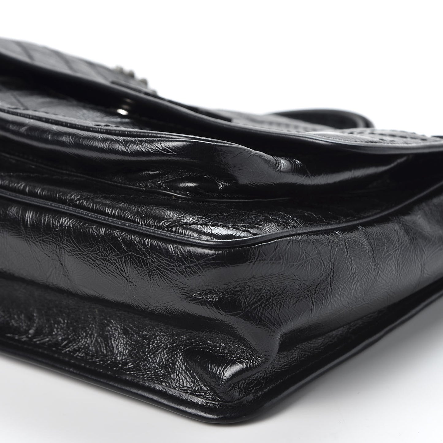 Crinkled Calfskin Matelasse Monogram Large Niki Chain Satchel Black