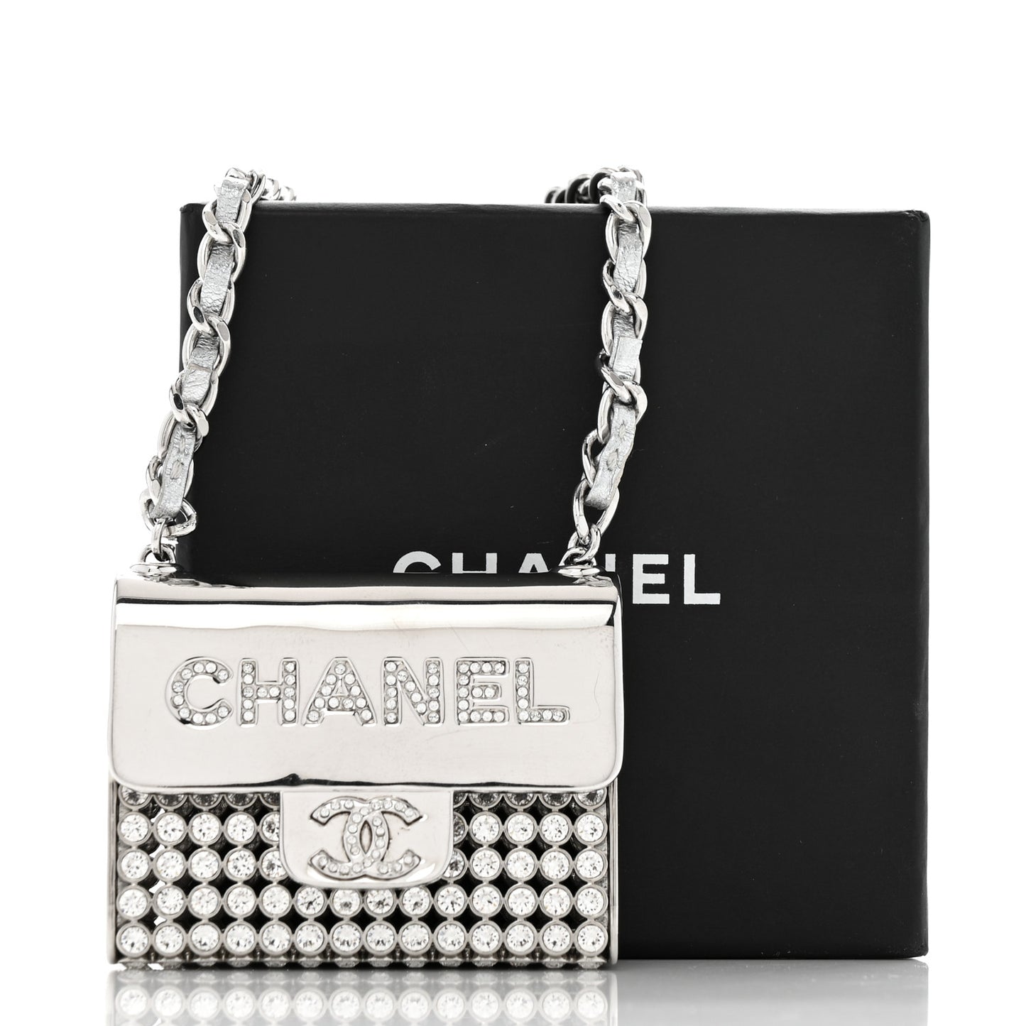 Metal Lambskin Strass Crystal Purse CC Long Necklace Silver