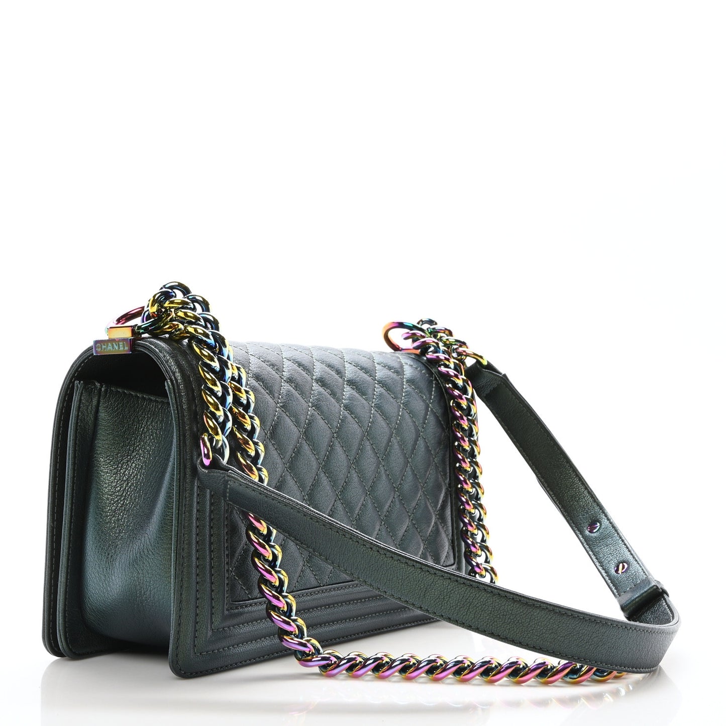 Iridescent Goatskin Quilted Medium Boy Flap Green