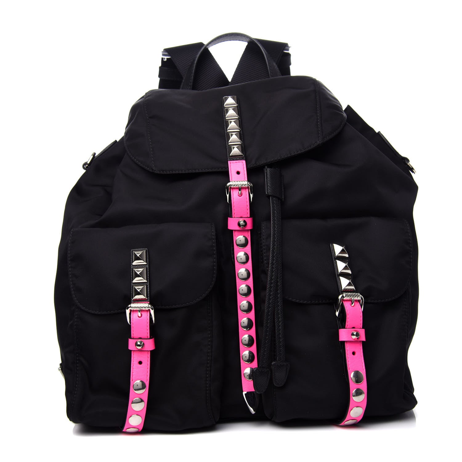 Prada Nylon New Vela Studded Backpack Black Neon Pink 717776