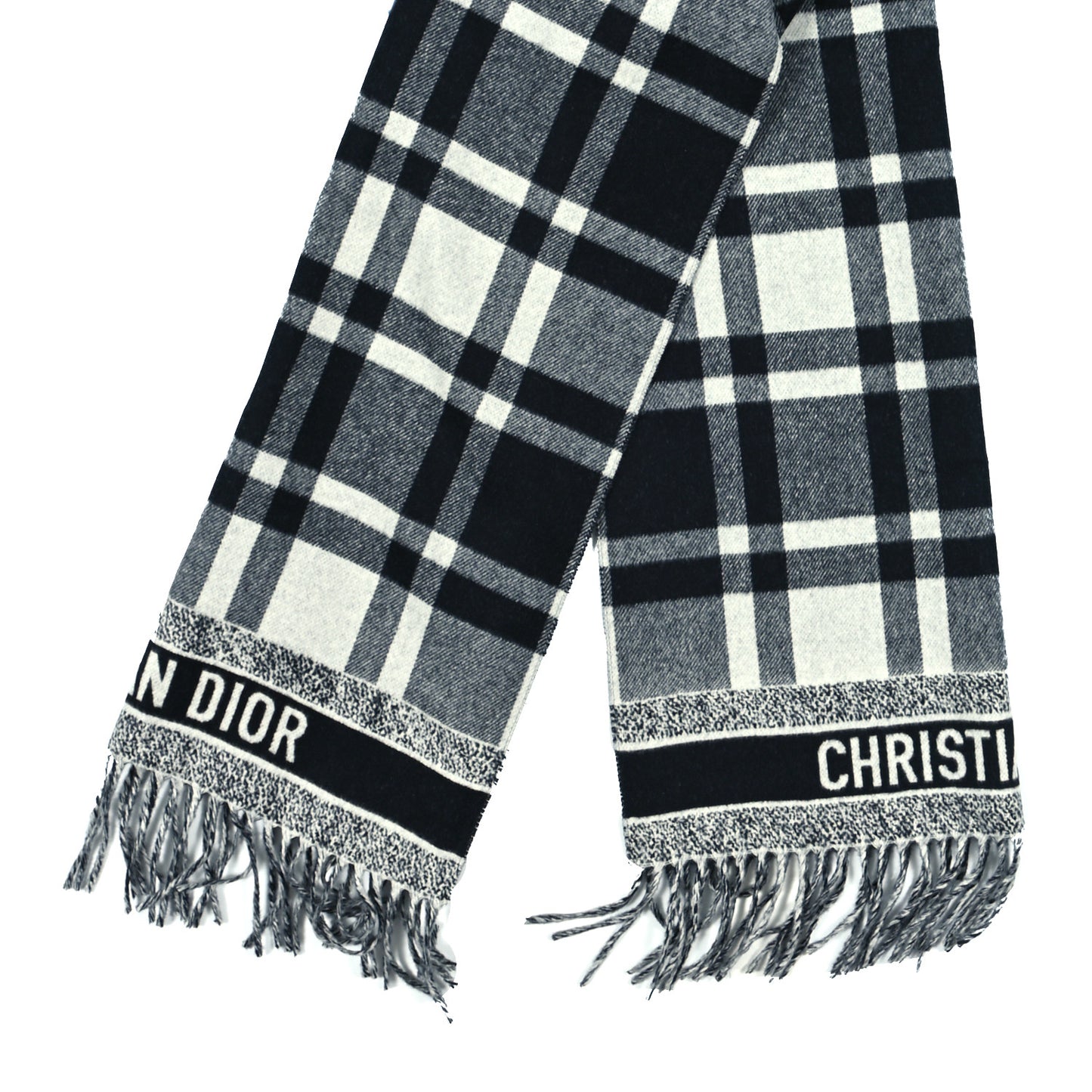 Wool Angora Check'n'Dior Fringe Scarf White Black