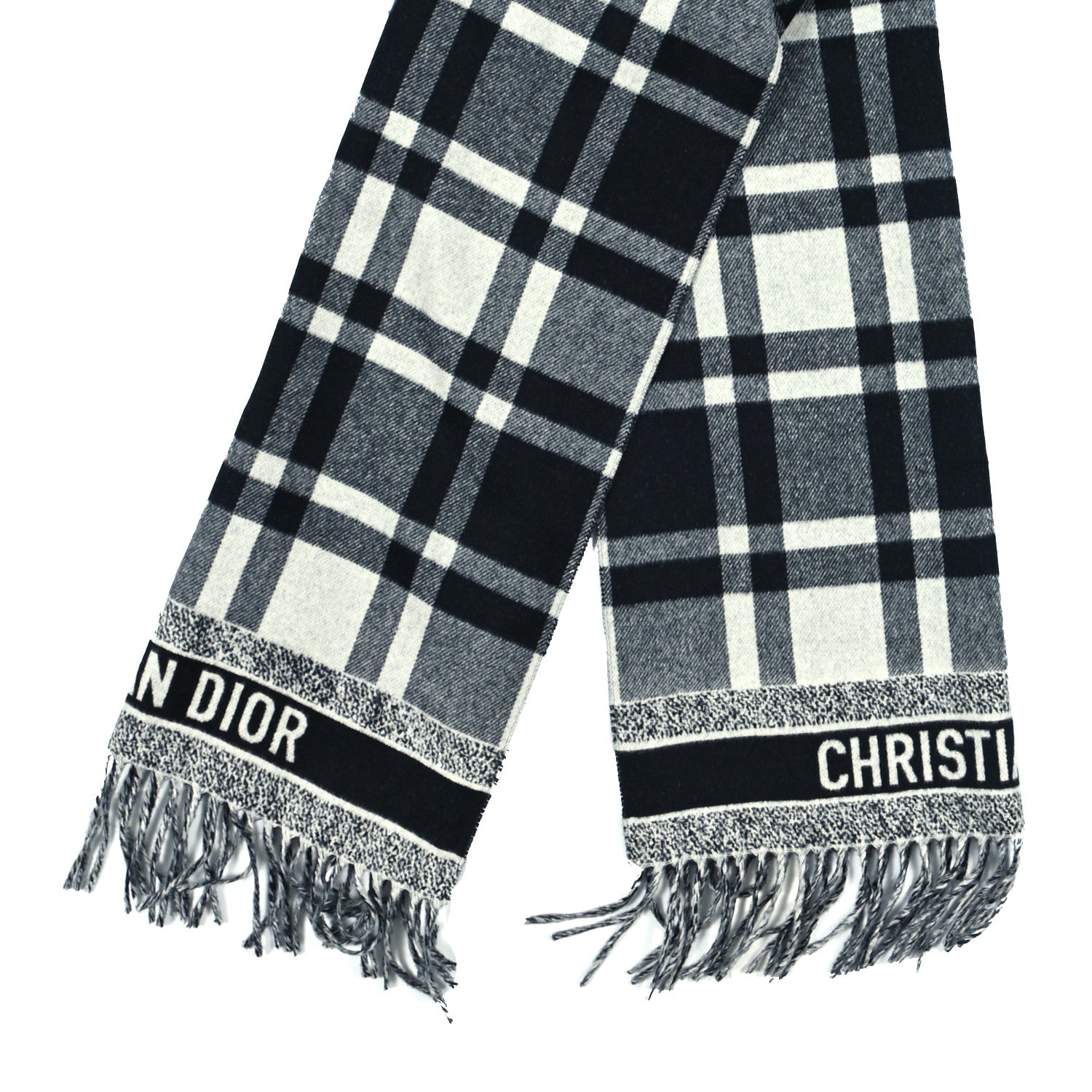 Christian Dior Wool Angora Check'n'Dior Fringe Scarf White Black 2 of 3