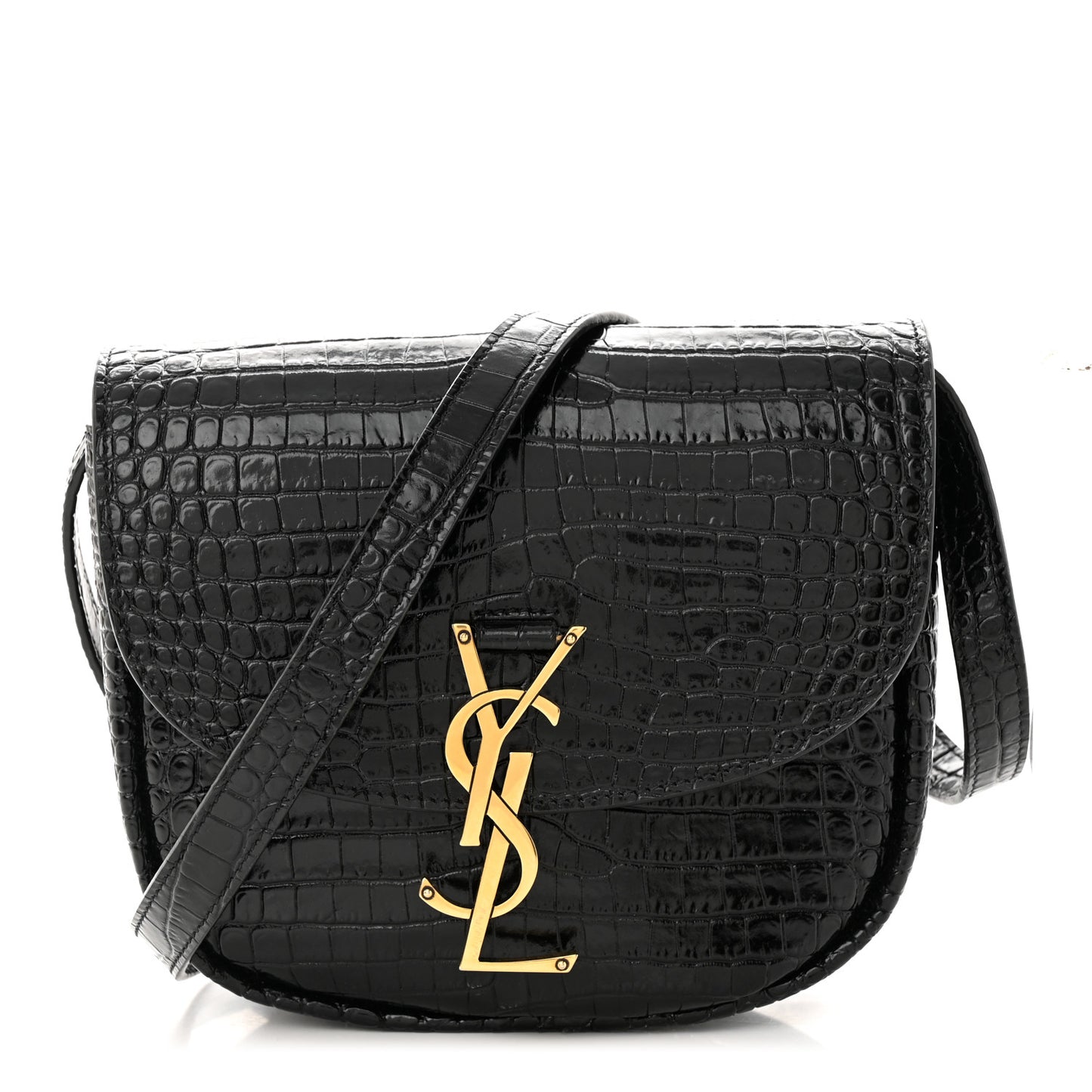 Crocodile Embossed Calfskin Small Kaia Satchel Black