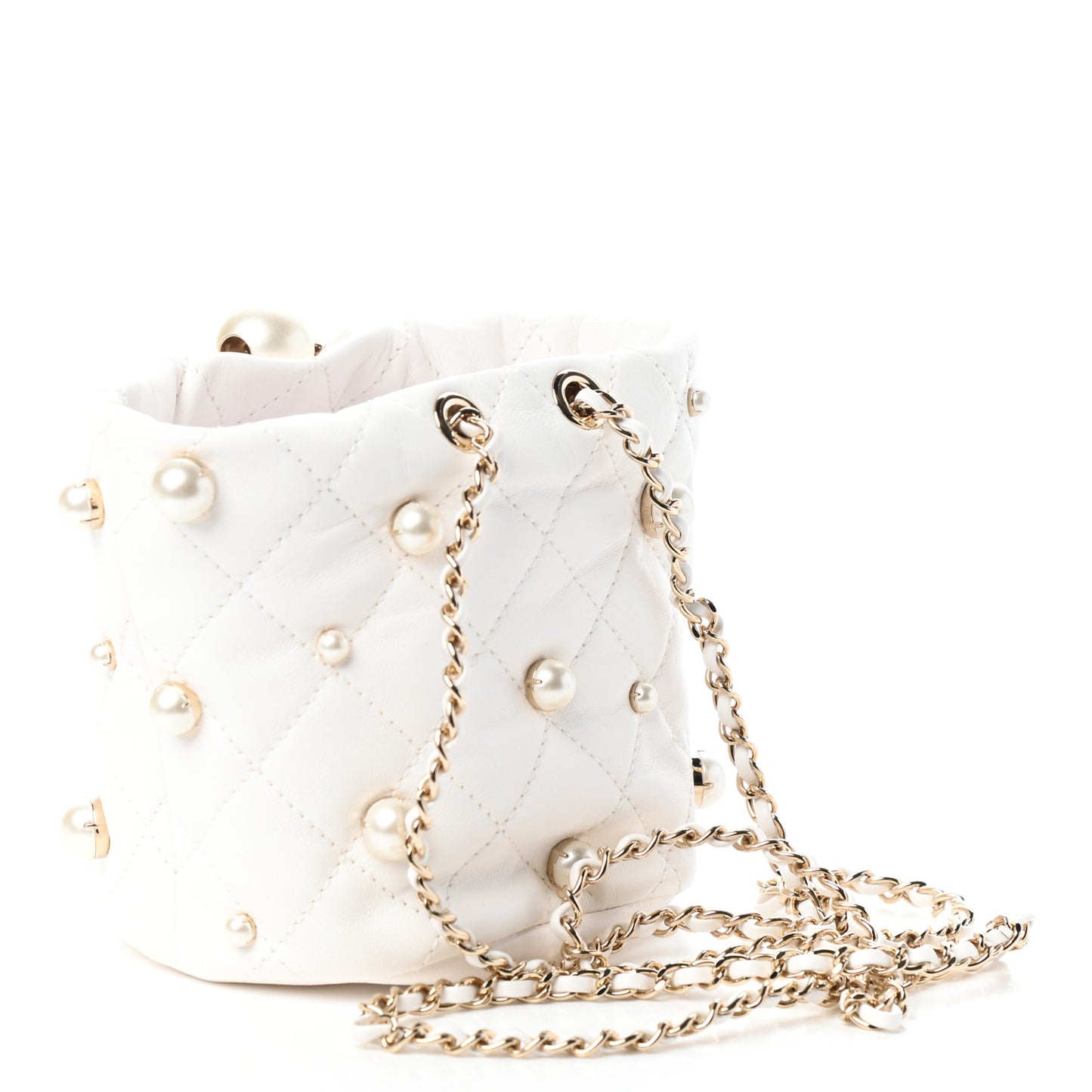 Lambskin Quilted Pearl Mini About Pearls Drawstring Bag White