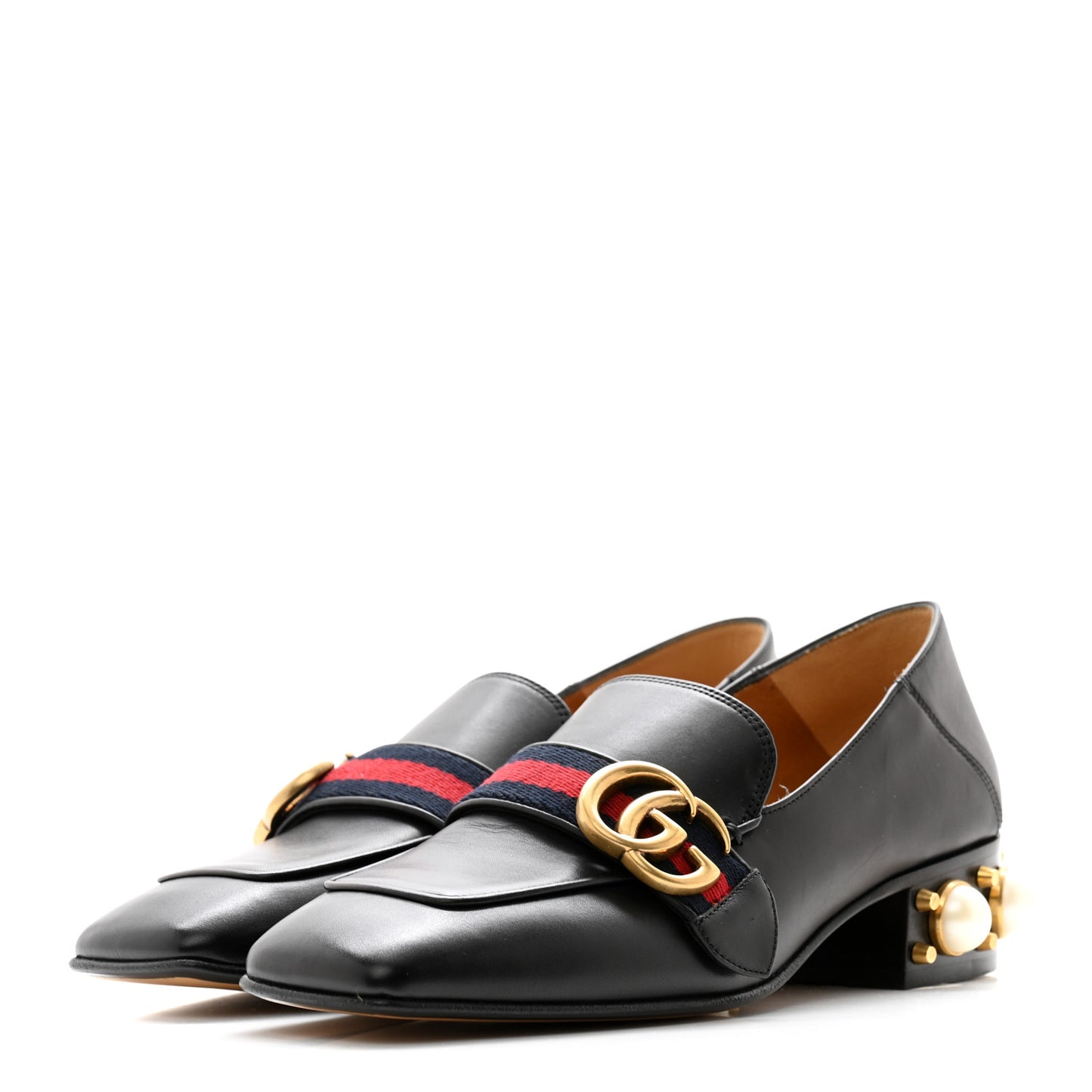 Betis Glamour Calfskin Web Pearl Embellished Peyton 35mm Loafer Pumps 36 Black