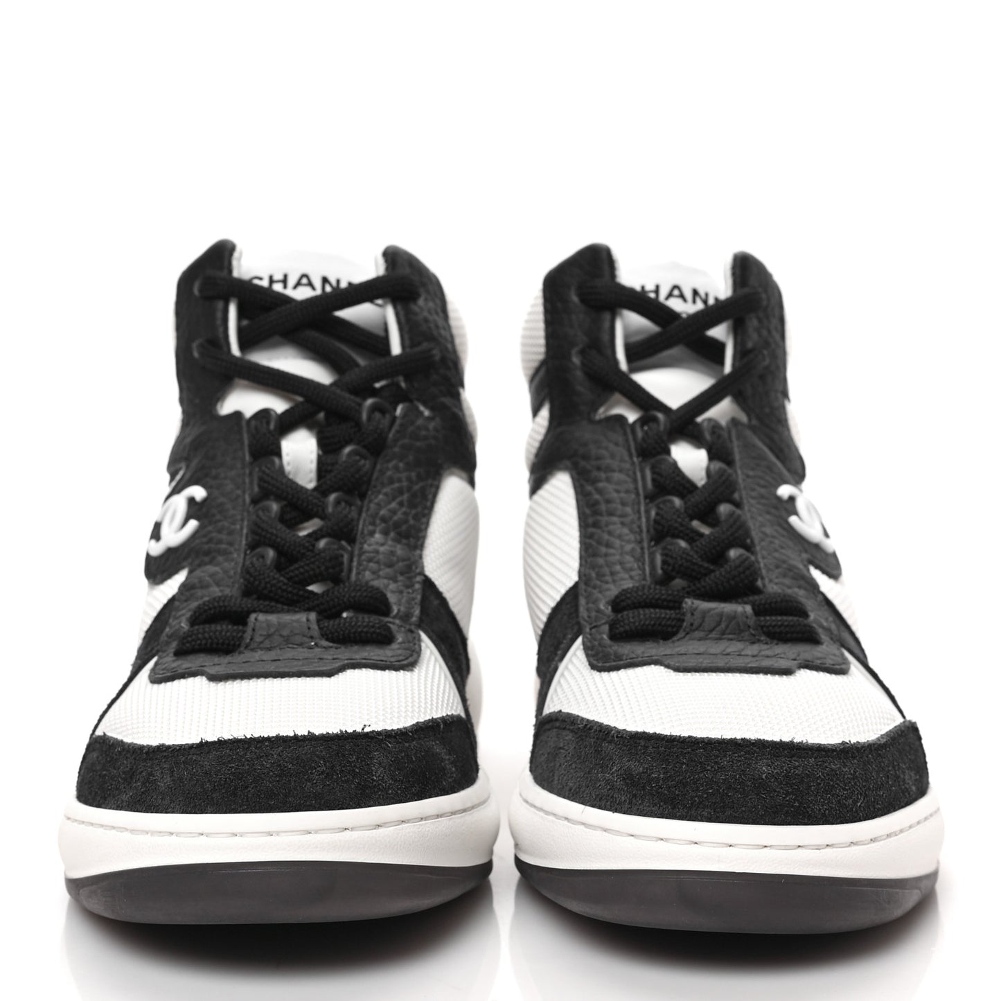 Suede Fabric Grained Calfskin Womens CC High Top Sneakers 35 White Navy
