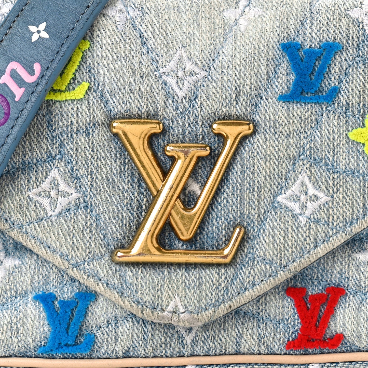 Embroidered Monogram Denim New Wave Chain Pochette Blue