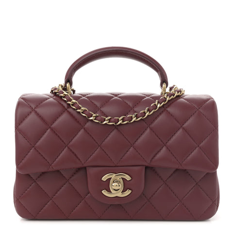 Lambskin Quilted Mini Top Handle Rectangular Flap Burgundy