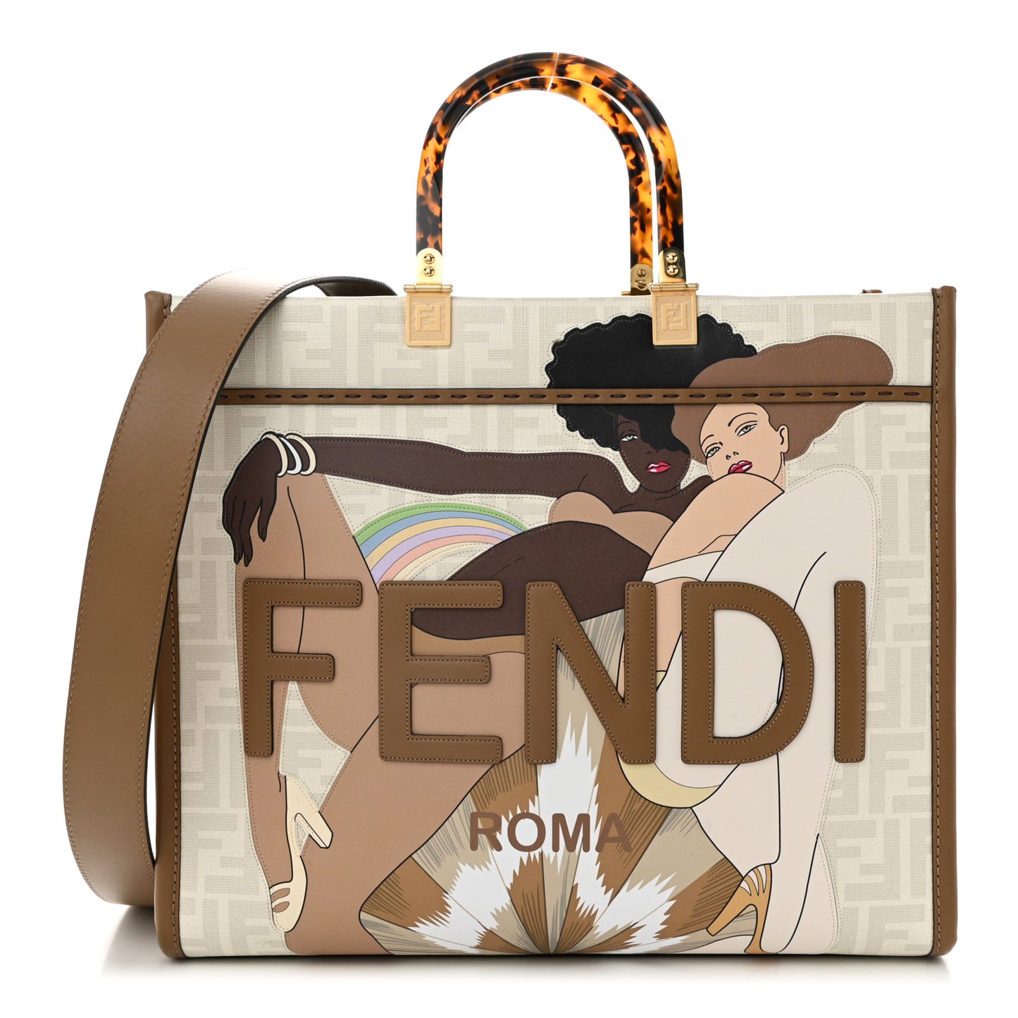 Glazed Fabric Plexiglass FF Logo Bikini Girls Medium Fendi Sunshine Shopper Tote Bianco Perla Multicolor Miele Scuro