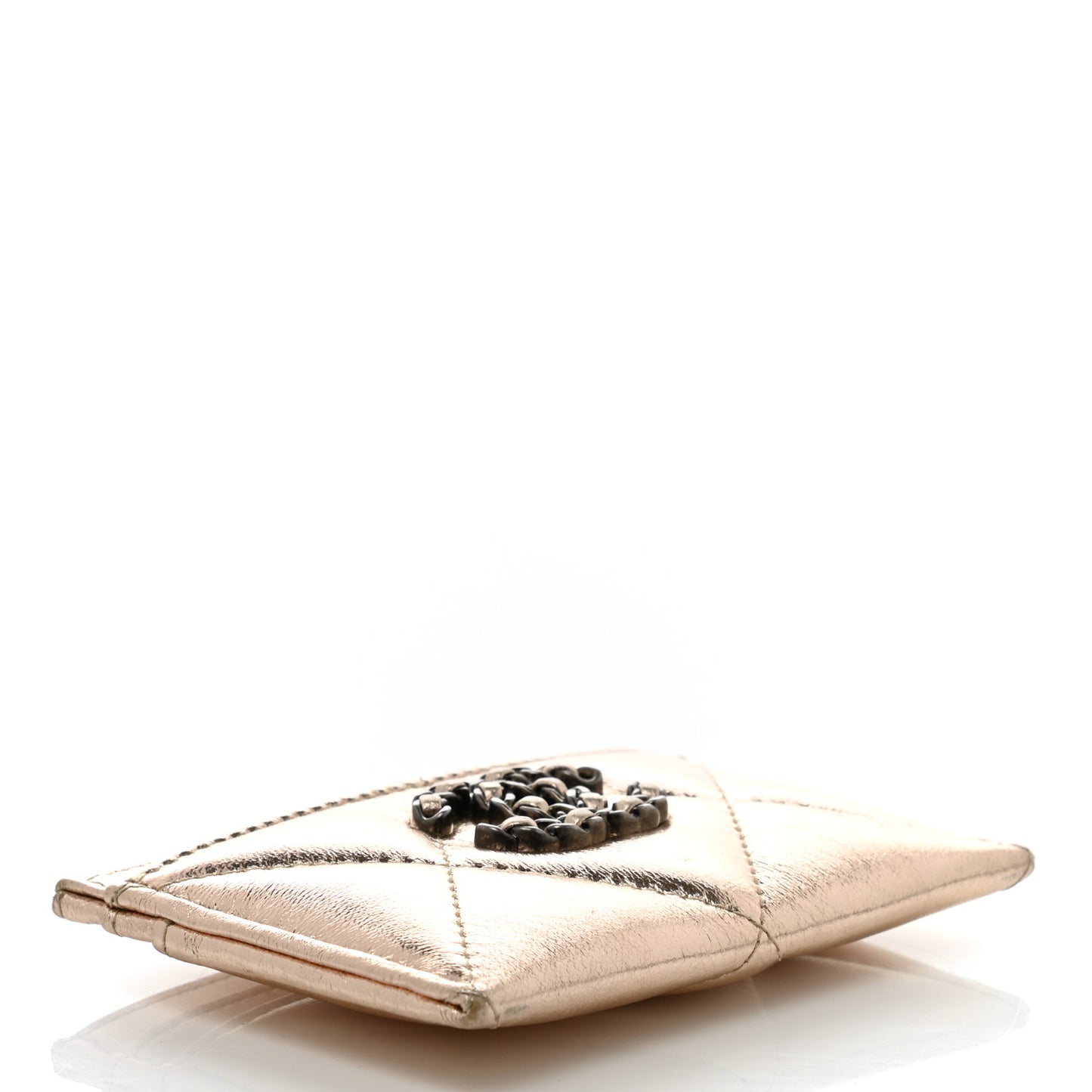 Metallic Lambskin Quilted Chanel 19 Card Holder Gold
