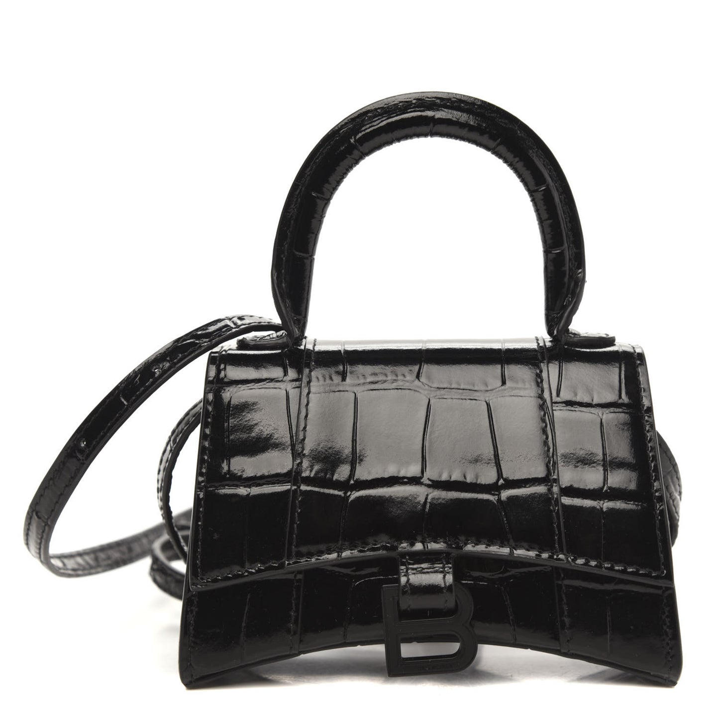 Shiny Calfskin Monochrome Crocodile Embossed Hourglass Top Handle Bag Mini Black