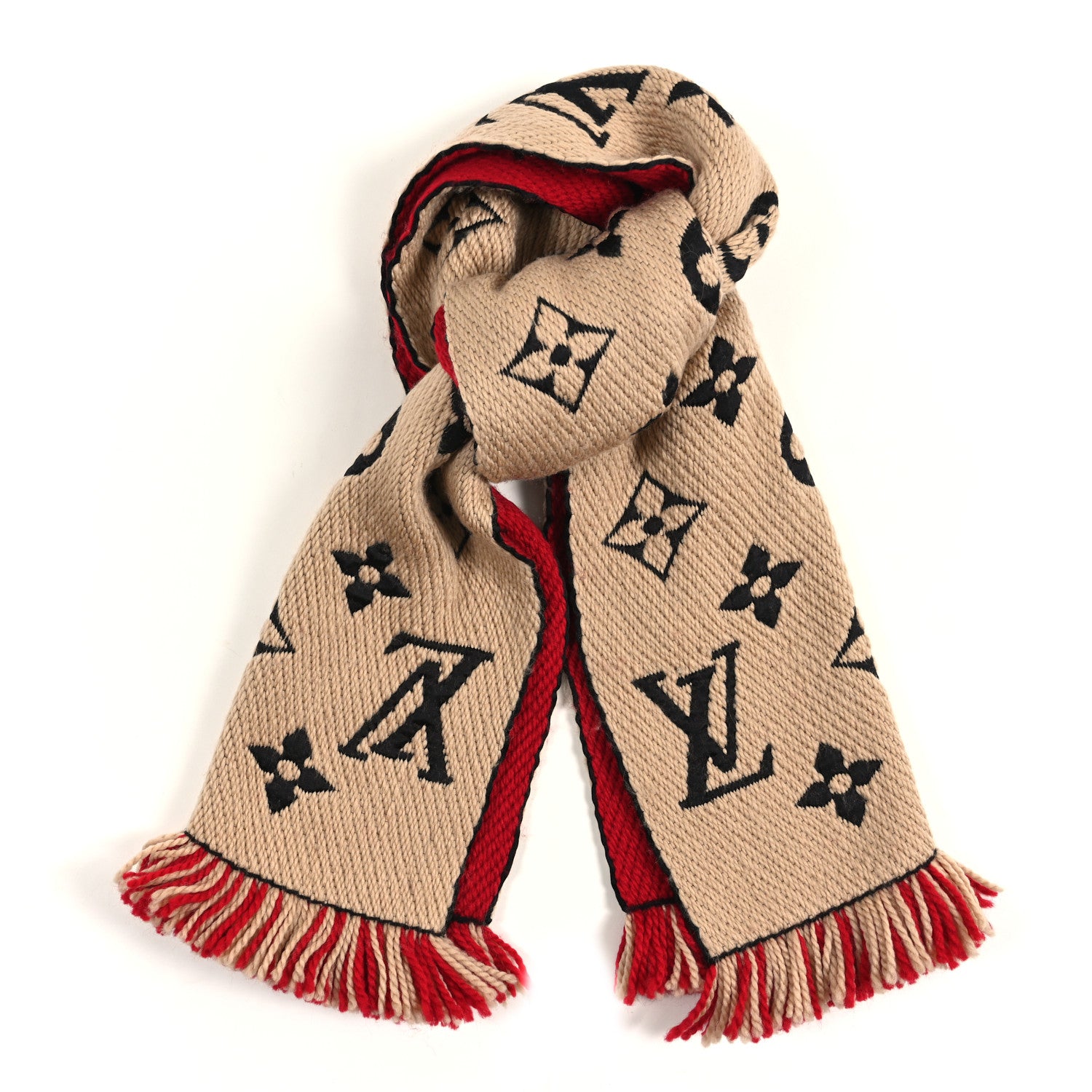 Louis Vuitton Wool Silk Logomania Duo Scarf Beige Red 1849898