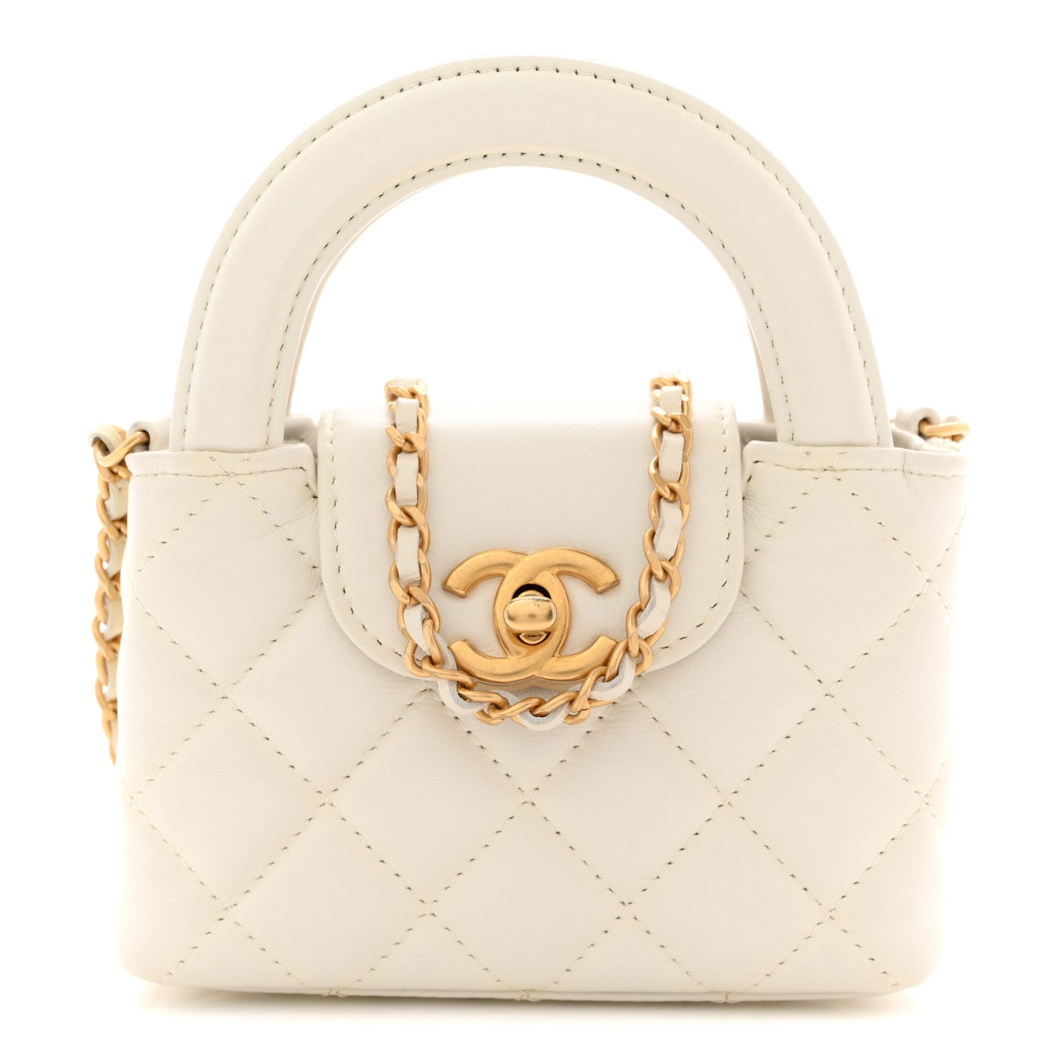 Chanel Shiny Aged Calfskin Quilted Mini Nano Kelly Shopper White