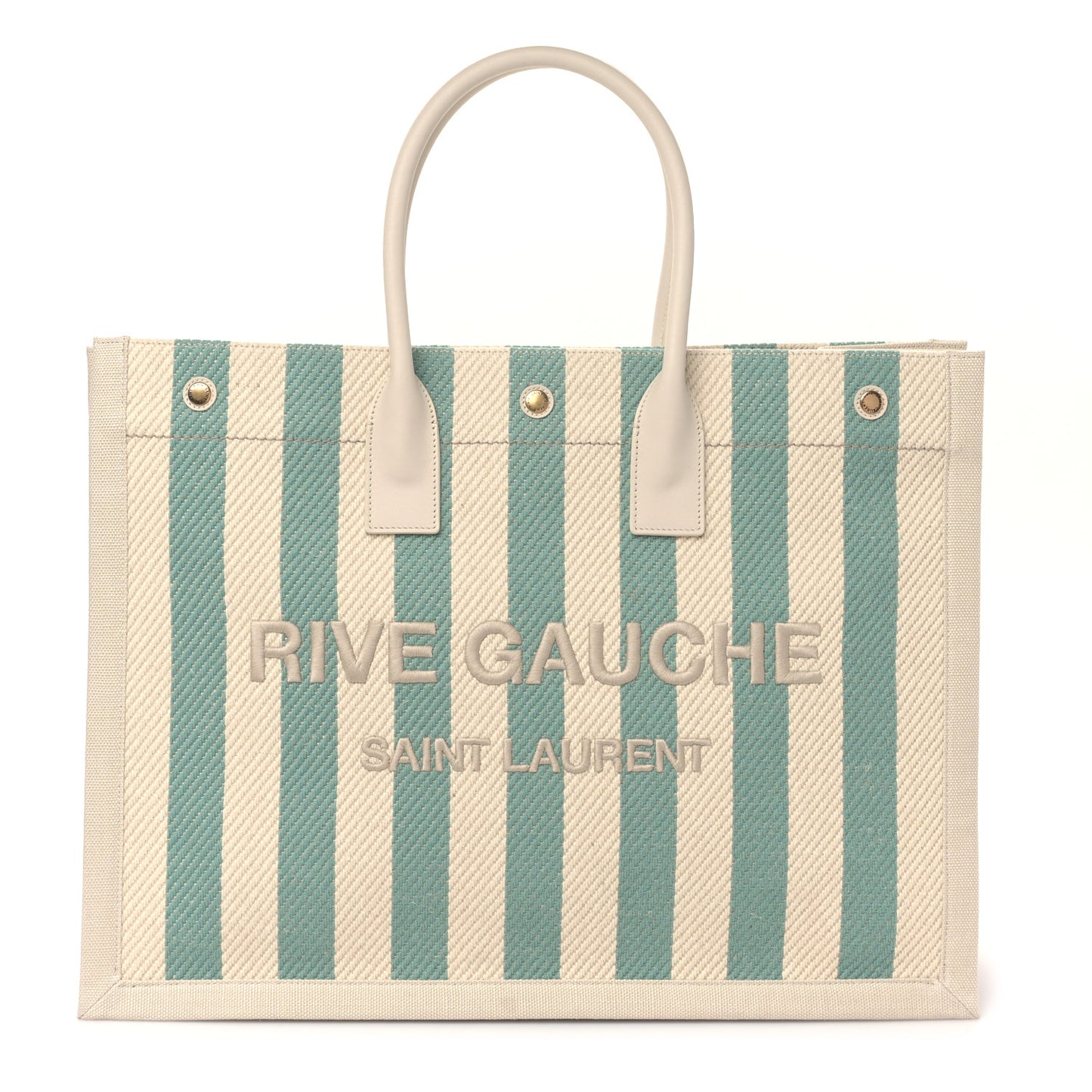 Cotton Linen Calfskin Striped Rive Gauche Tote Water Green