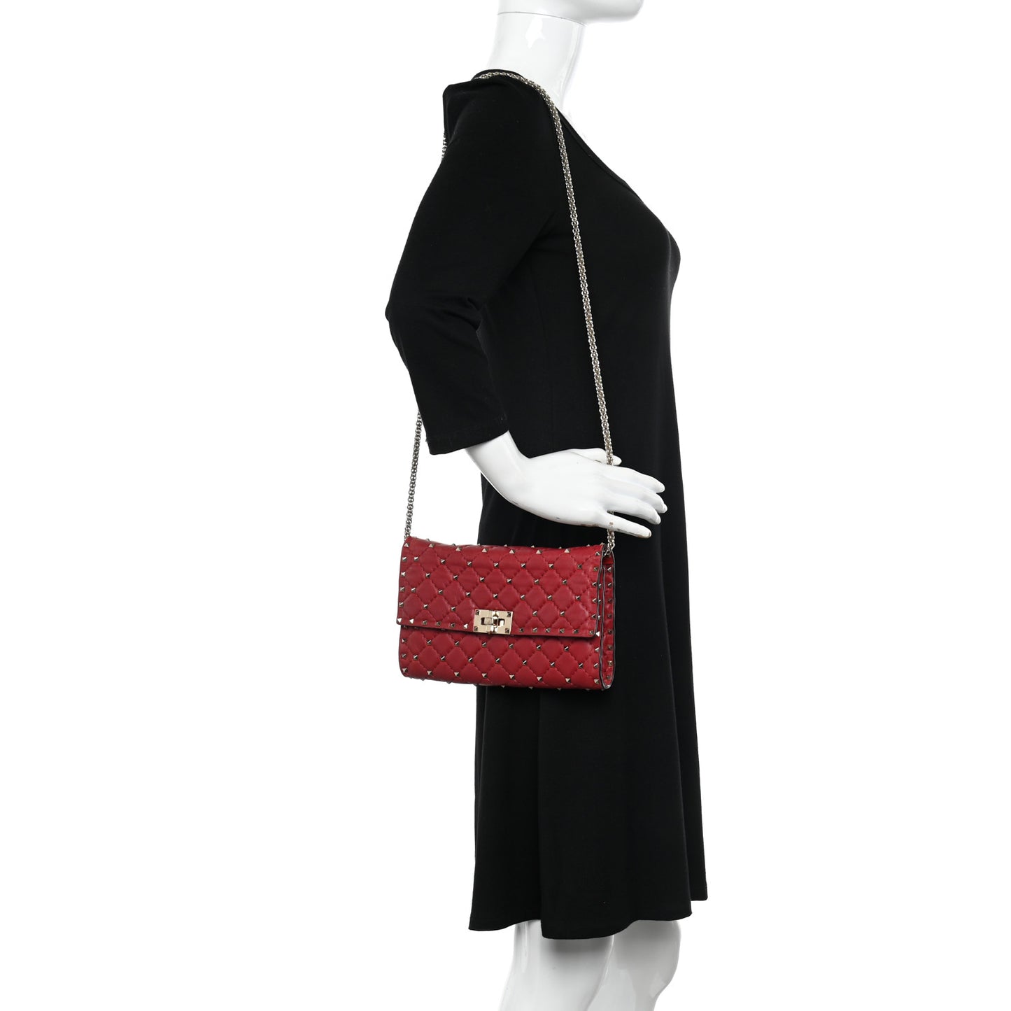 Lambskin Rockstud Spike Wallet on Chain Red