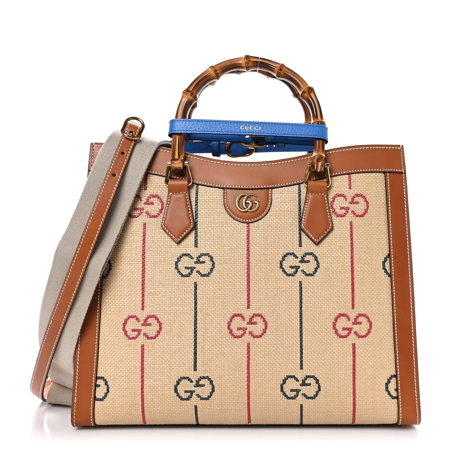 Raffia Monogram GG Jacquard Medium Diana Tote Bag Natural Red Green Modern Blue