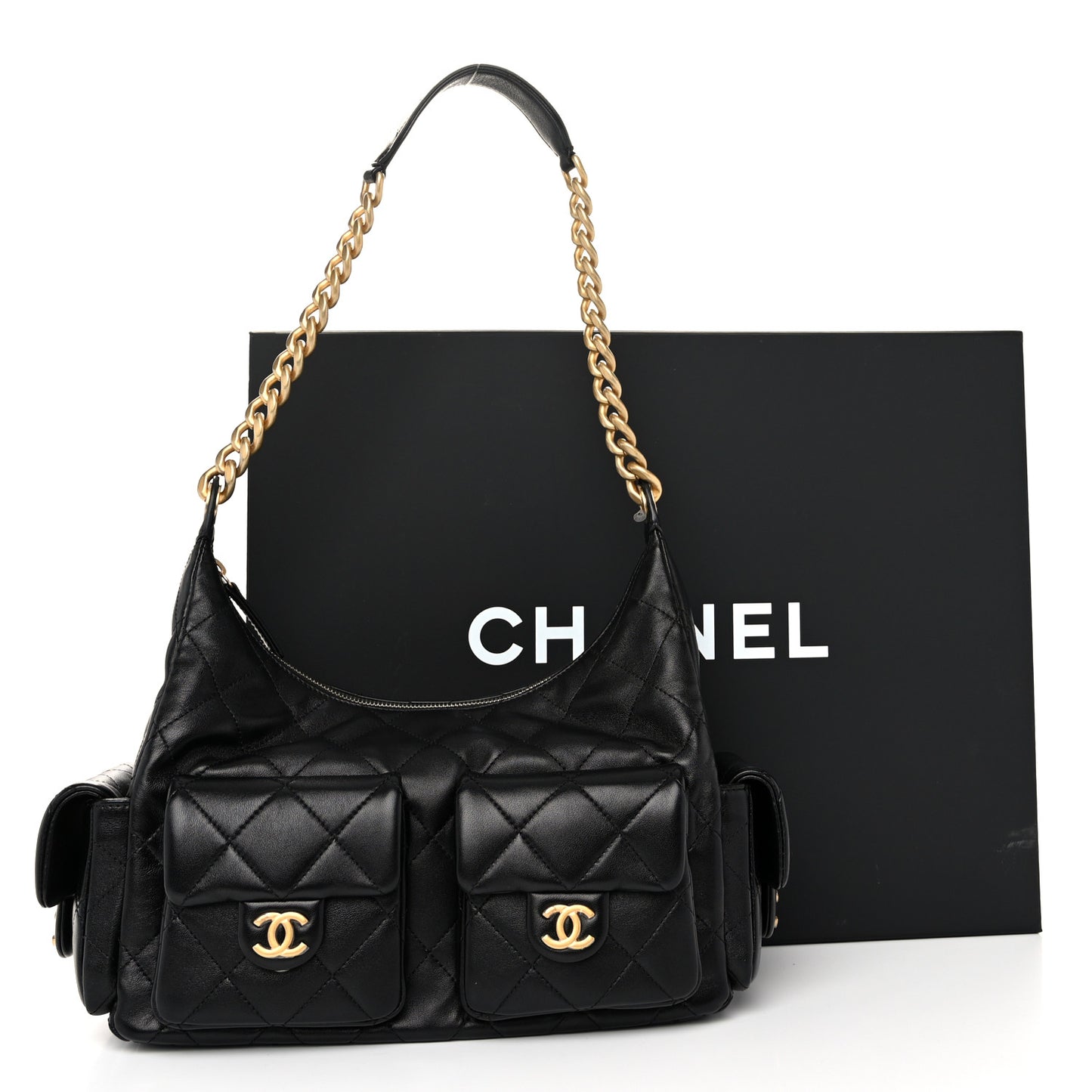 Shiny Lambskin Quilted Trendy Pockets Hobo Black
