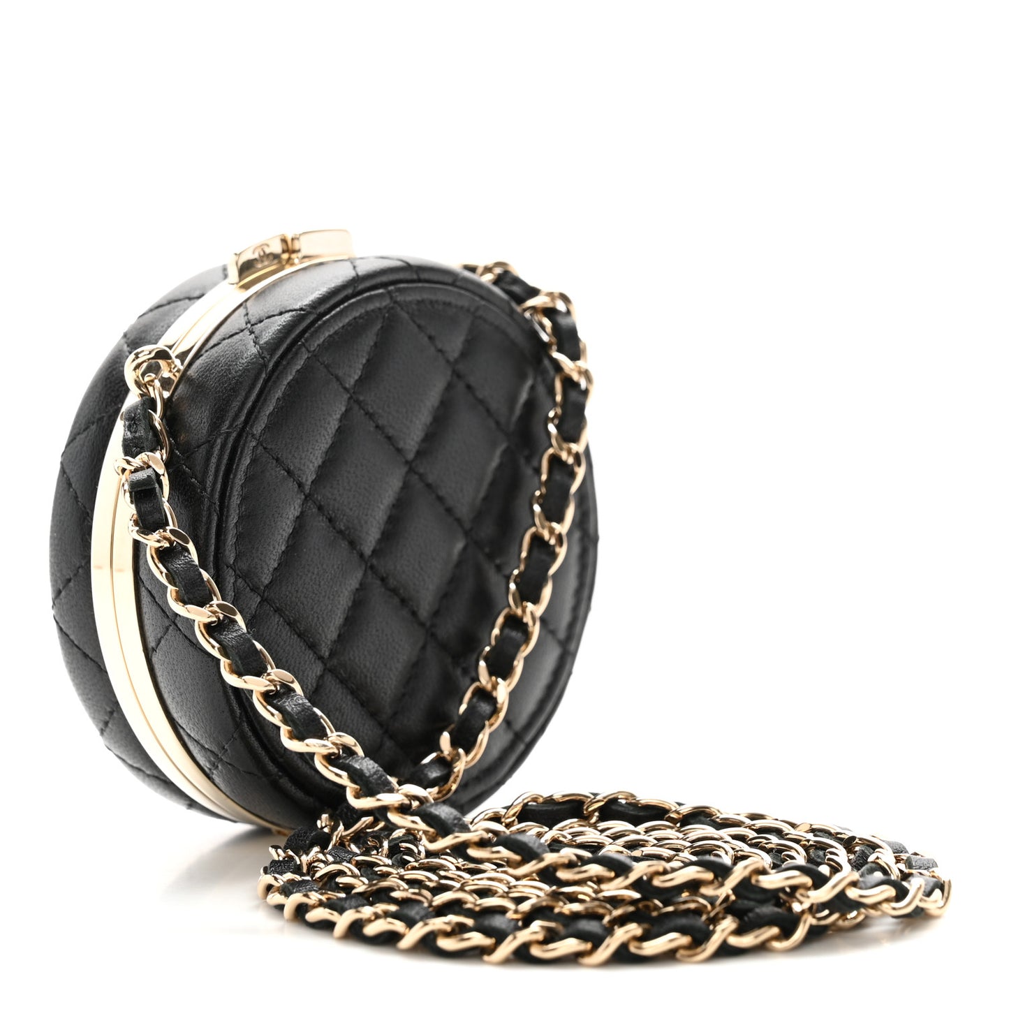 Lambskin Enamel Quilted Round Poker Chip Clutch With Chain Black White