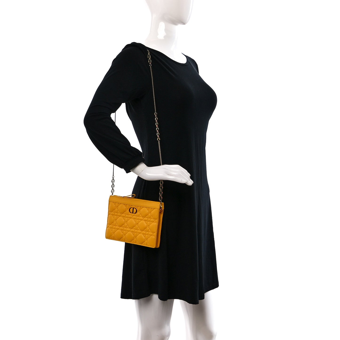 Calfskin Cannage Caro Zipped Pouch With Chain Sunny Yellow
